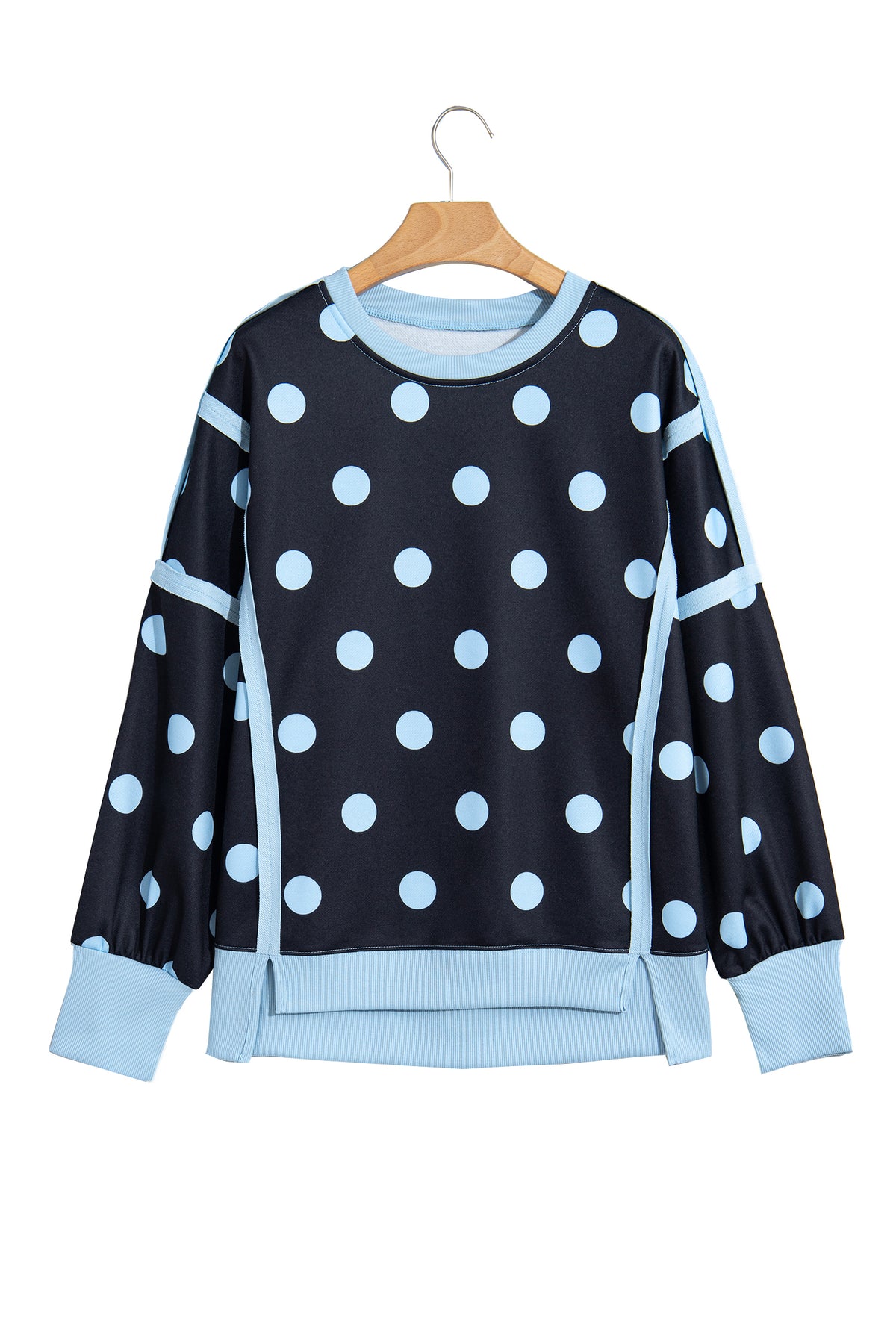 White Polka Dot Contrast Patchwork Round Neck Baggy Sweatshirt-Tops/Sweatshirts & Hoodies-[Adult]-[Female]-2022 Online Blue Zone Planet