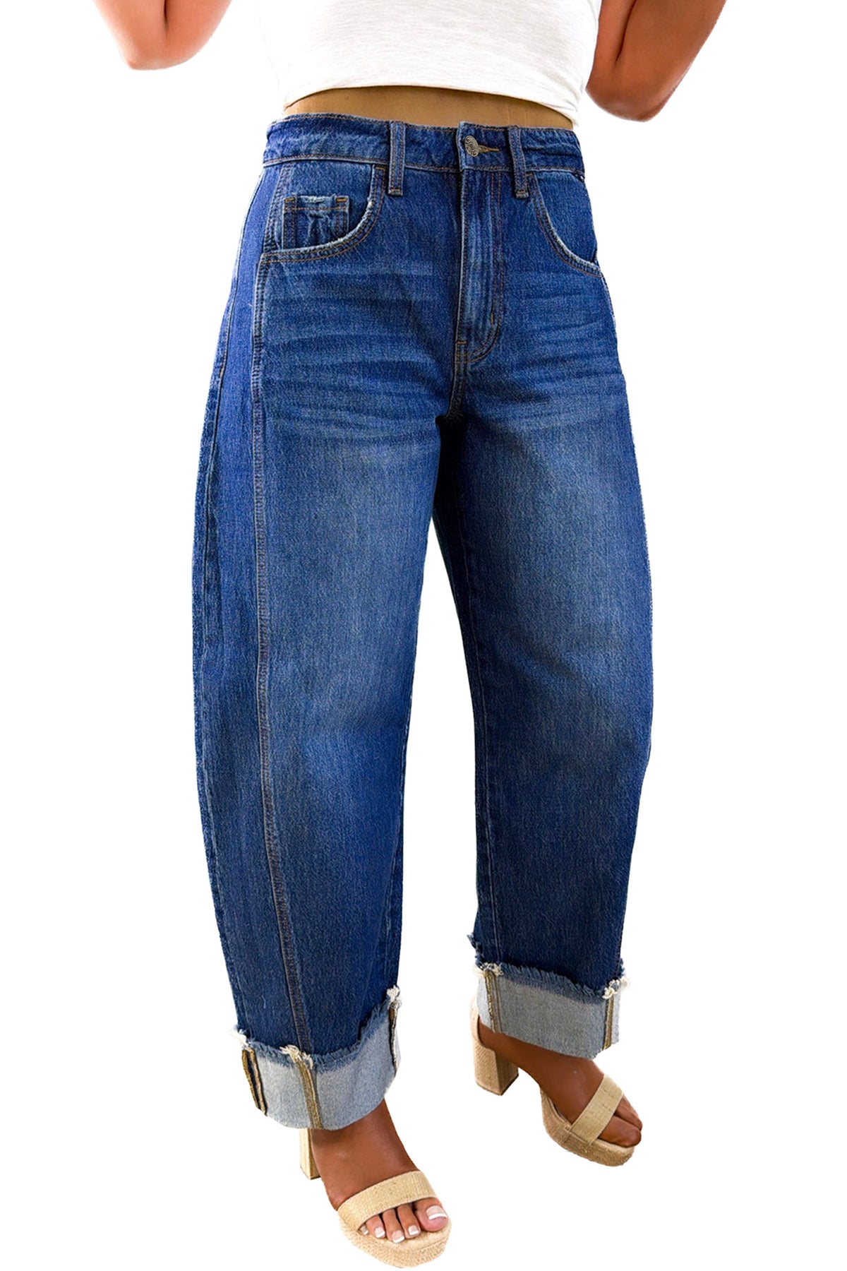 Sail Blue Raw Hem Turnup Loose Ankle-length Jeans-Bottoms/Jeans-[Adult]-[Female]-2022 Online Blue Zone Planet