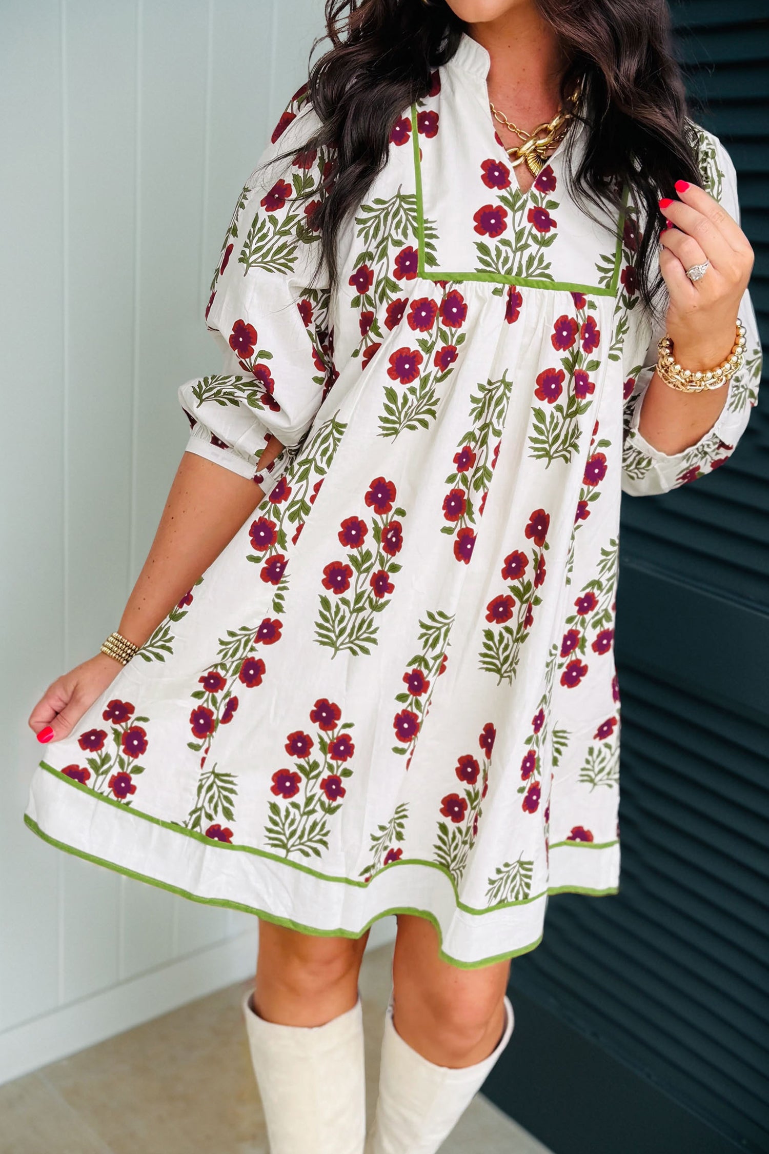 White Frilled V Neck 3/4 Sleeve Loose Floral Dress-TOPS / DRESSES-[Adult]-[Female]-White-S-2022 Online Blue Zone Planet