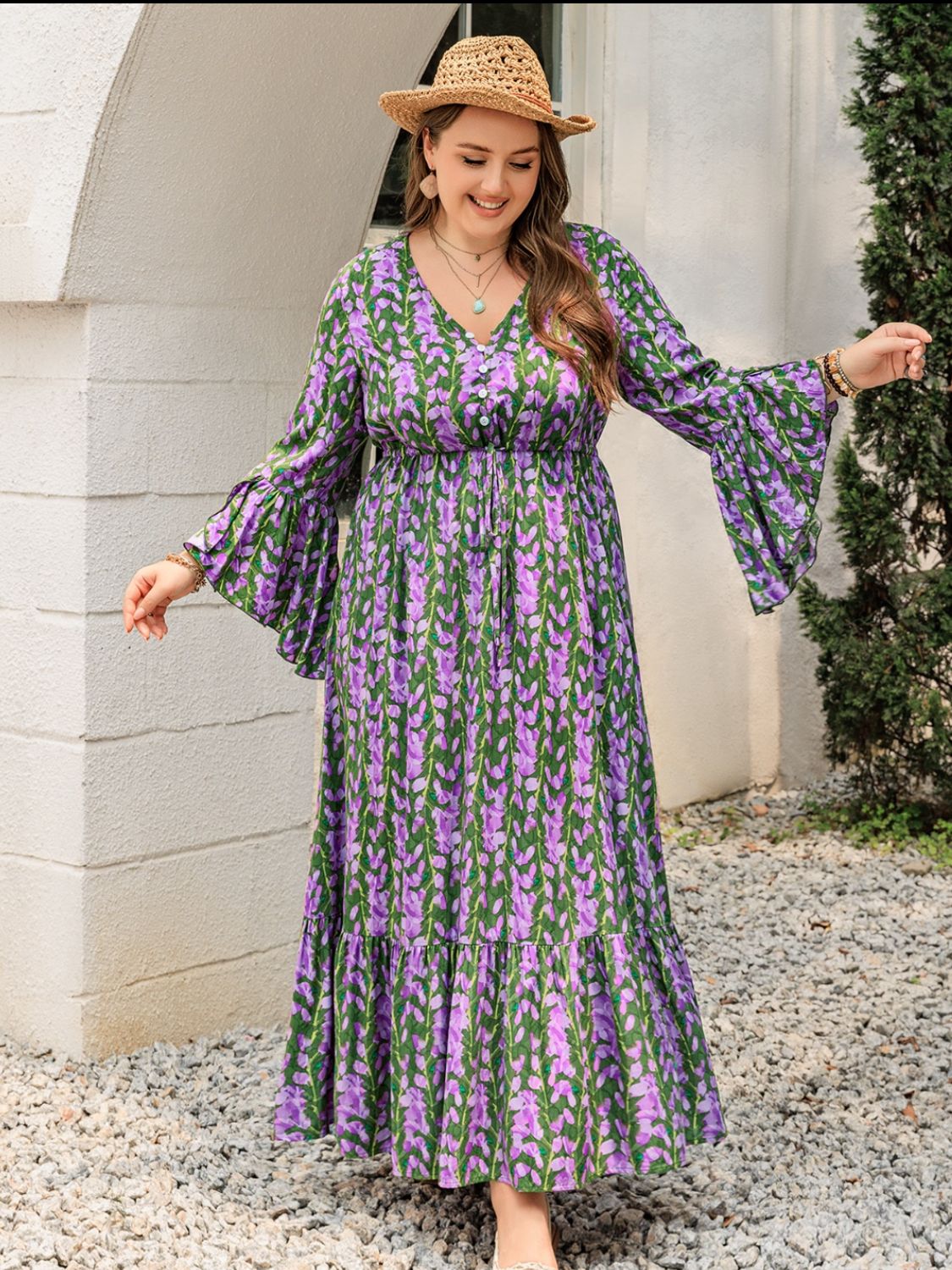 Blue Zone Planet | Plus Size Printed V-Neck Long Sleeve Maxi Dress-TOPS / DRESSES-[Adult]-[Female]-2022 Online Blue Zone Planet