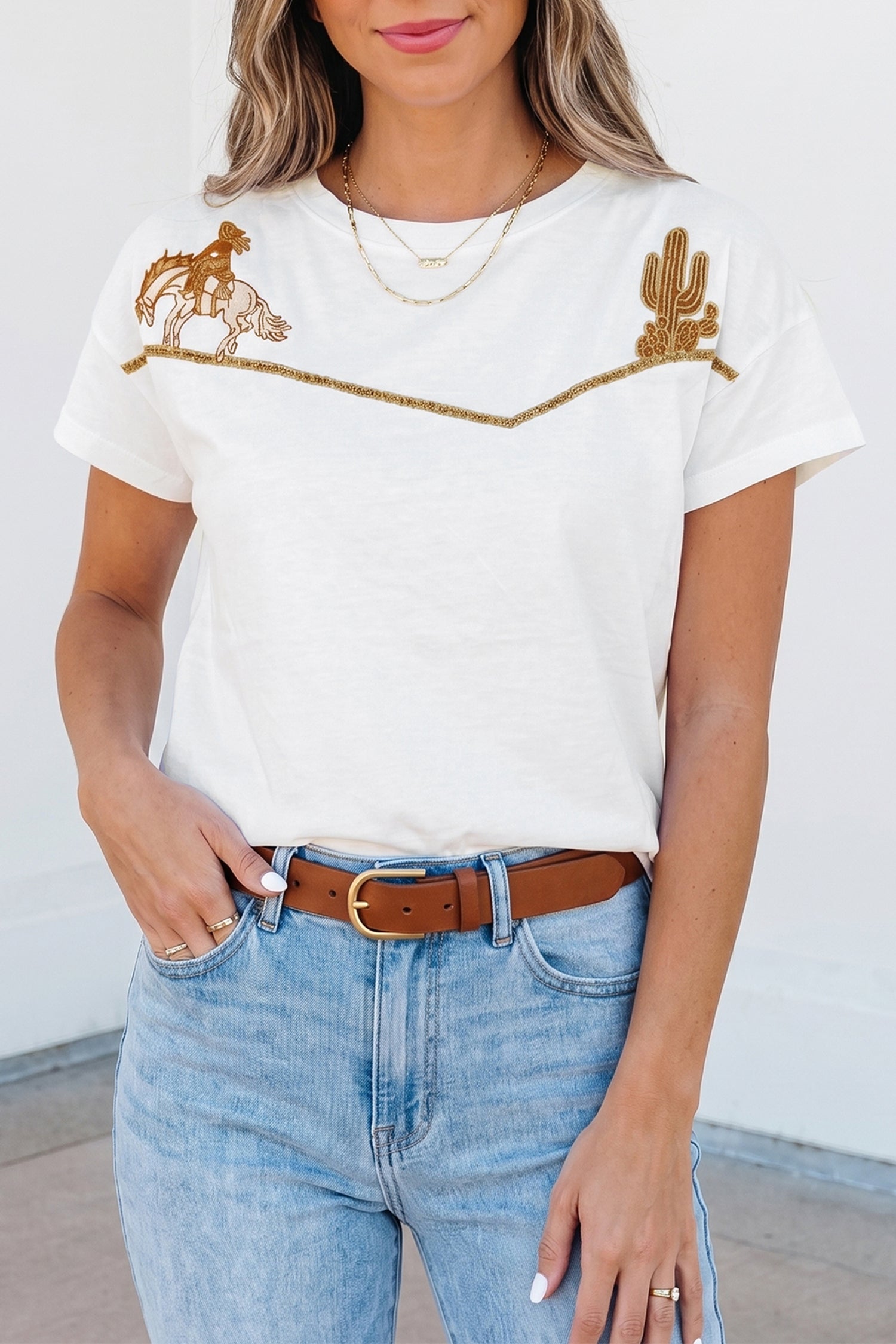 White Western Fashion Embroidered Casual Tee-Tops/Tops & Tees-[Adult]-[Female]-2022 Online Blue Zone Planet