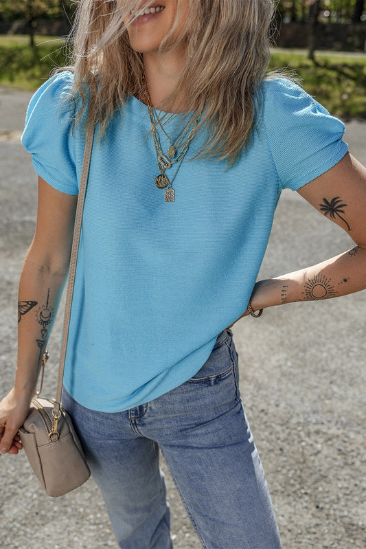 Light Blue Bubble Sleeve Solid Color Elegant T-Shirt-Tops/Tops & Tees-[Adult]-[Female]-Light Blue-S-2022 Online Blue Zone Planet