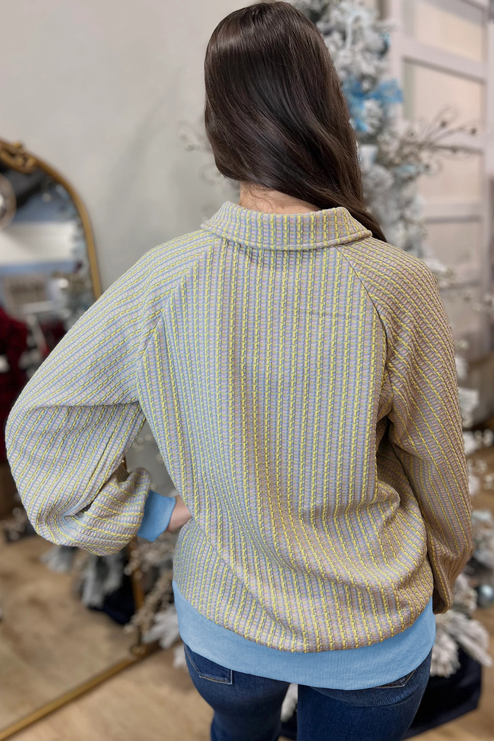 Beau Blue Button Front Jacquard Henley Sweatshirt-Tops/Sweatshirts & Hoodies-[Adult]-[Female]-2022 Online Blue Zone Planet