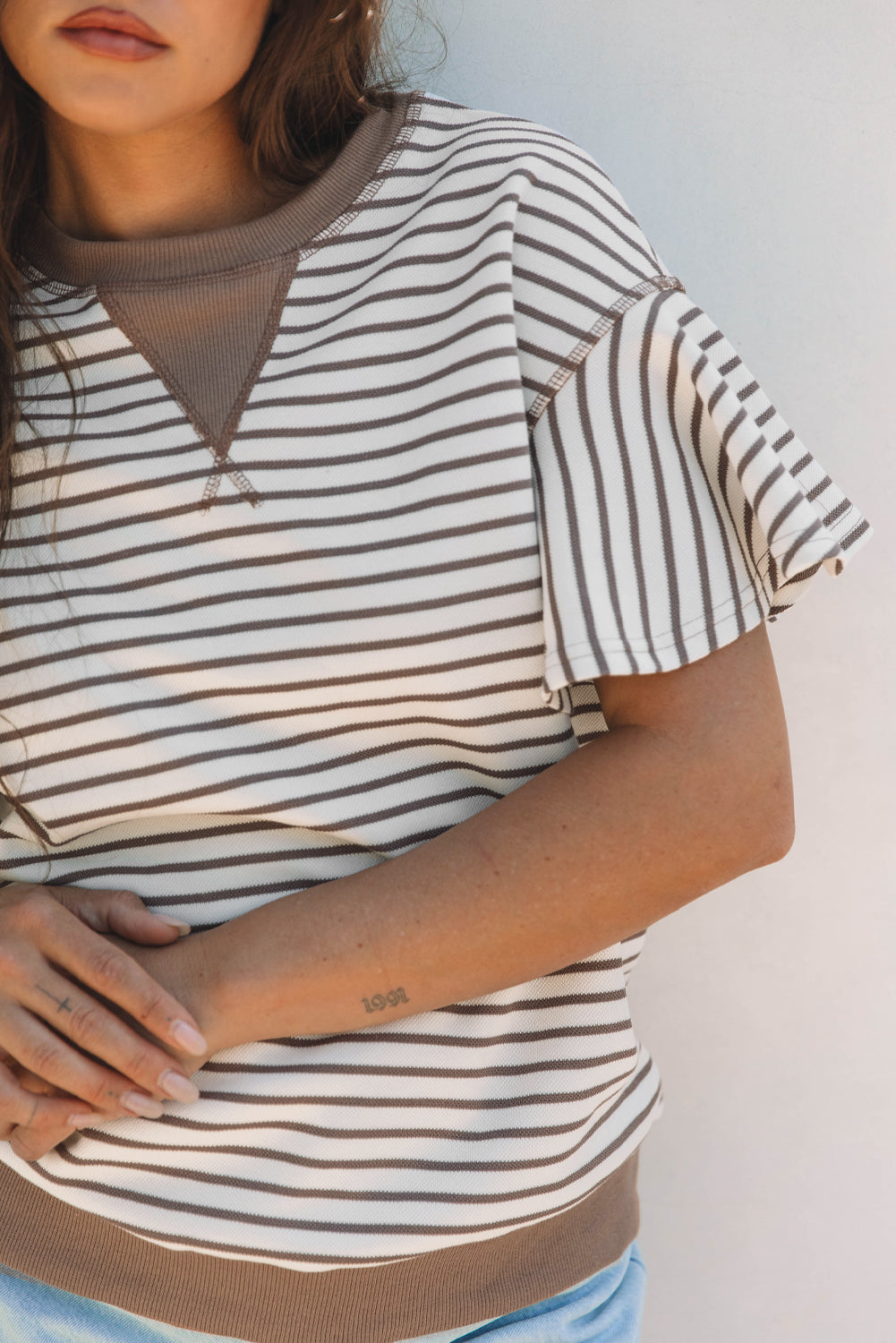 Parchment Contrast Detail Striped Ruffle Short Sleeve Top-Tops/Blouses & Shirts-[Adult]-[Female]-2022 Online Blue Zone Planet