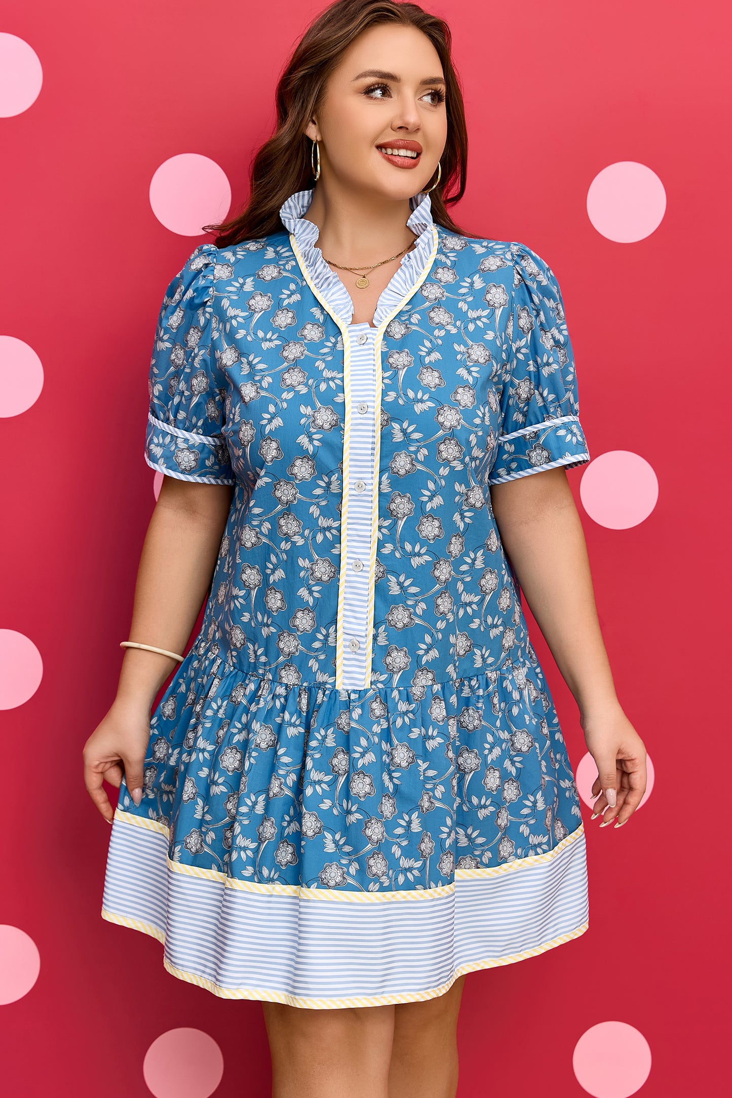 Blue Plus Size Floral Print Striped Patchwork Detail Button Front Ruffle Hem Dress-TOPS / DRESSES-[Adult]-[Female]-2022 Online Blue Zone Planet