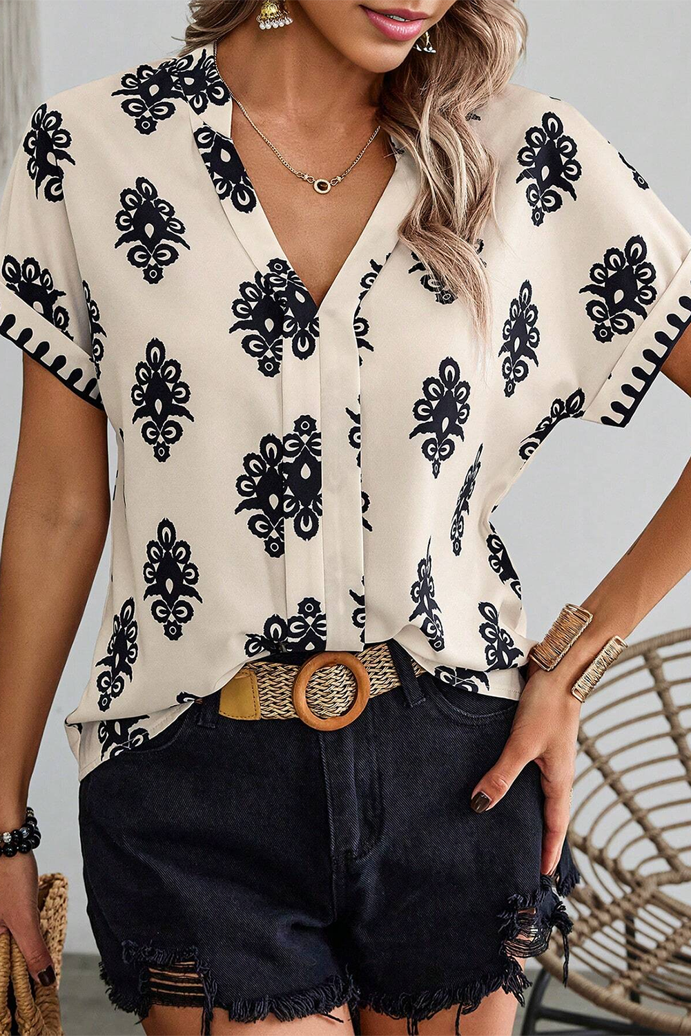 Black Geometric Print Short Sleeve V Neck Blouse-Tops/Blouses & Shirts-[Adult]-[Female]-2022 Online Blue Zone Planet