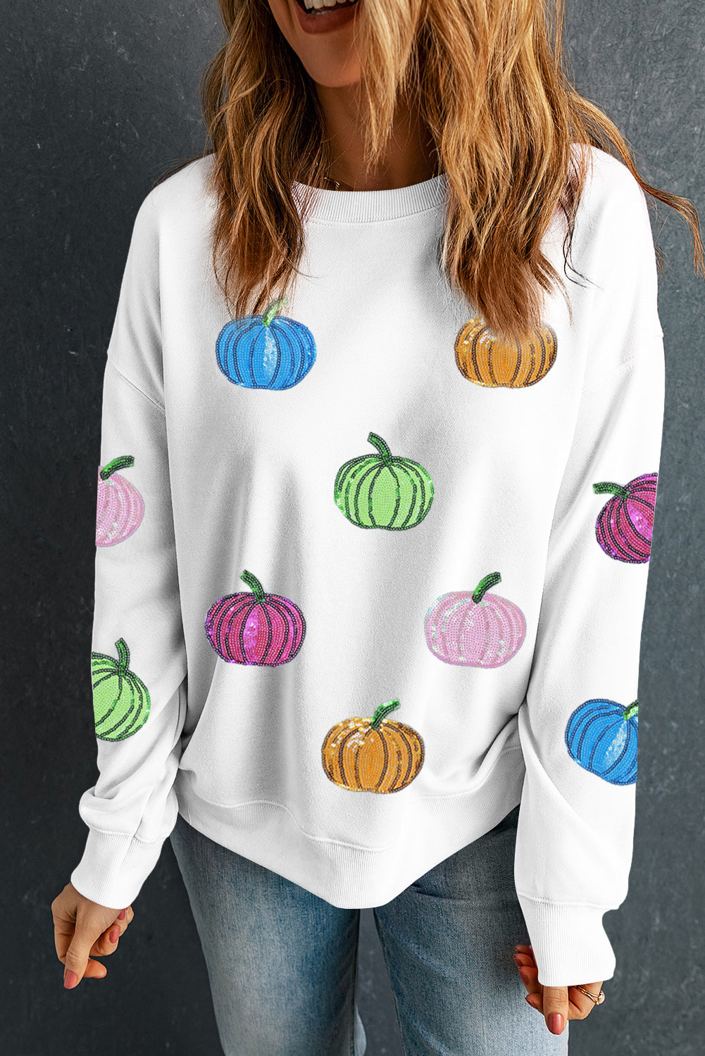 White Colorful Pumpkin Sequin Patched Drop Shoulder Sweatshirt-Graphic/Graphic Sweatshirts-[Adult]-[Female]-2022 Online Blue Zone Planet