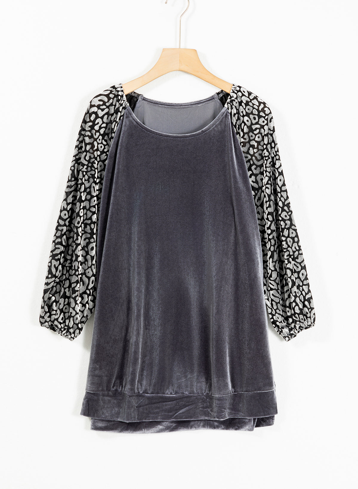 Medium Grey Leopard Splicing Lantern Sleeve Velvet Blouse-Tops/Blouses & Shirts-[Adult]-[Female]-2022 Online Blue Zone Planet