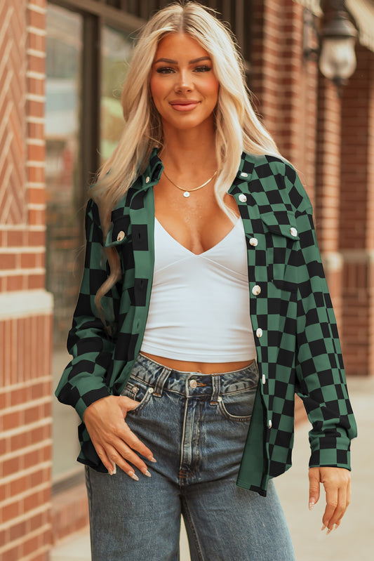 Green Checkerboard Flap Pocket Button Front Shacket-Outerwear/Plaid Shackets-[Adult]-[Female]-2022 Online Blue Zone Planet