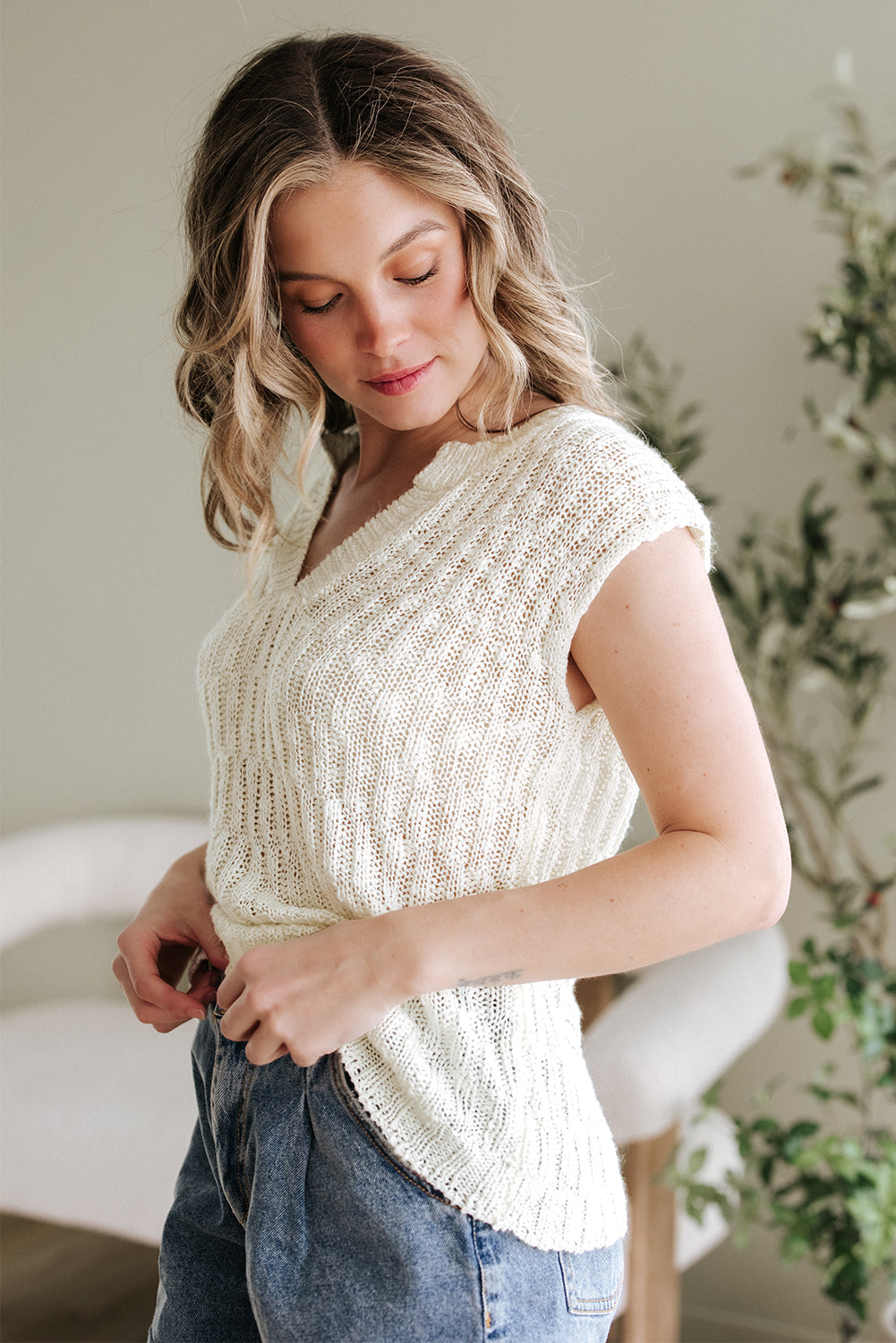 Beige Notched V Neck Short Sleeve Sweater-TOPS / DRESSES-[Adult]-[Female]-2022 Online Blue Zone Planet