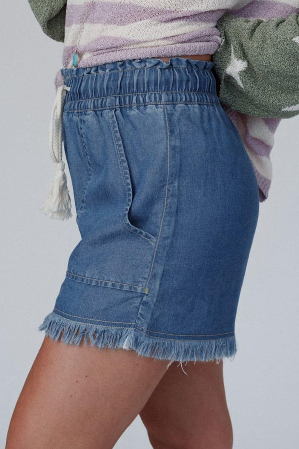 Ashleigh Blue Raw Hem Drawstring High Waist Denim Shorts with Pockets-Bottoms/Denim Shorts-[Adult]-[Female]-2022 Online Blue Zone Planet