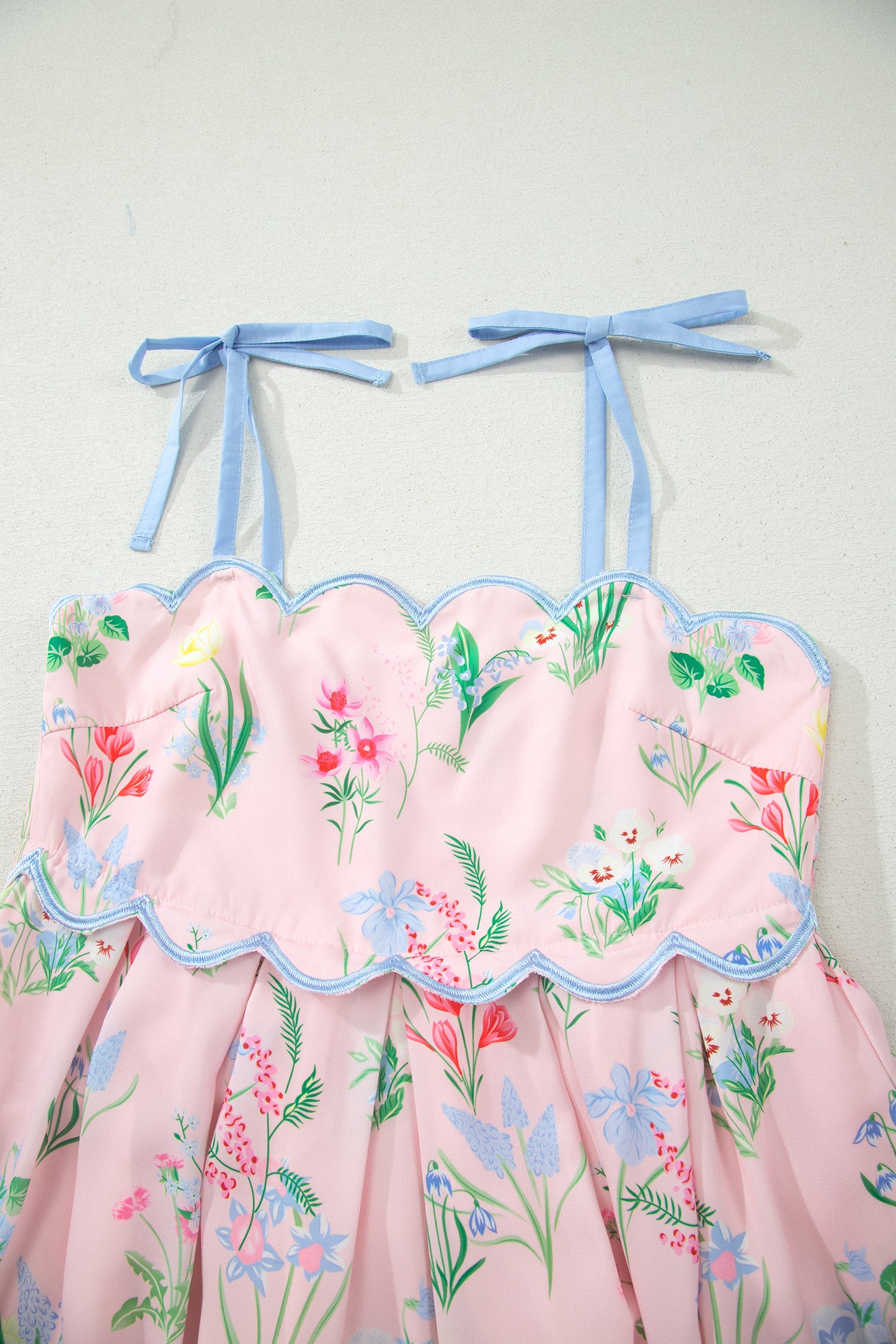 Beige Floral Print Contrast Trim Self-tie Straps High Waist Midi Dress-TOPS / DRESSES-[Adult]-[Female]-2022 Online Blue Zone Planet