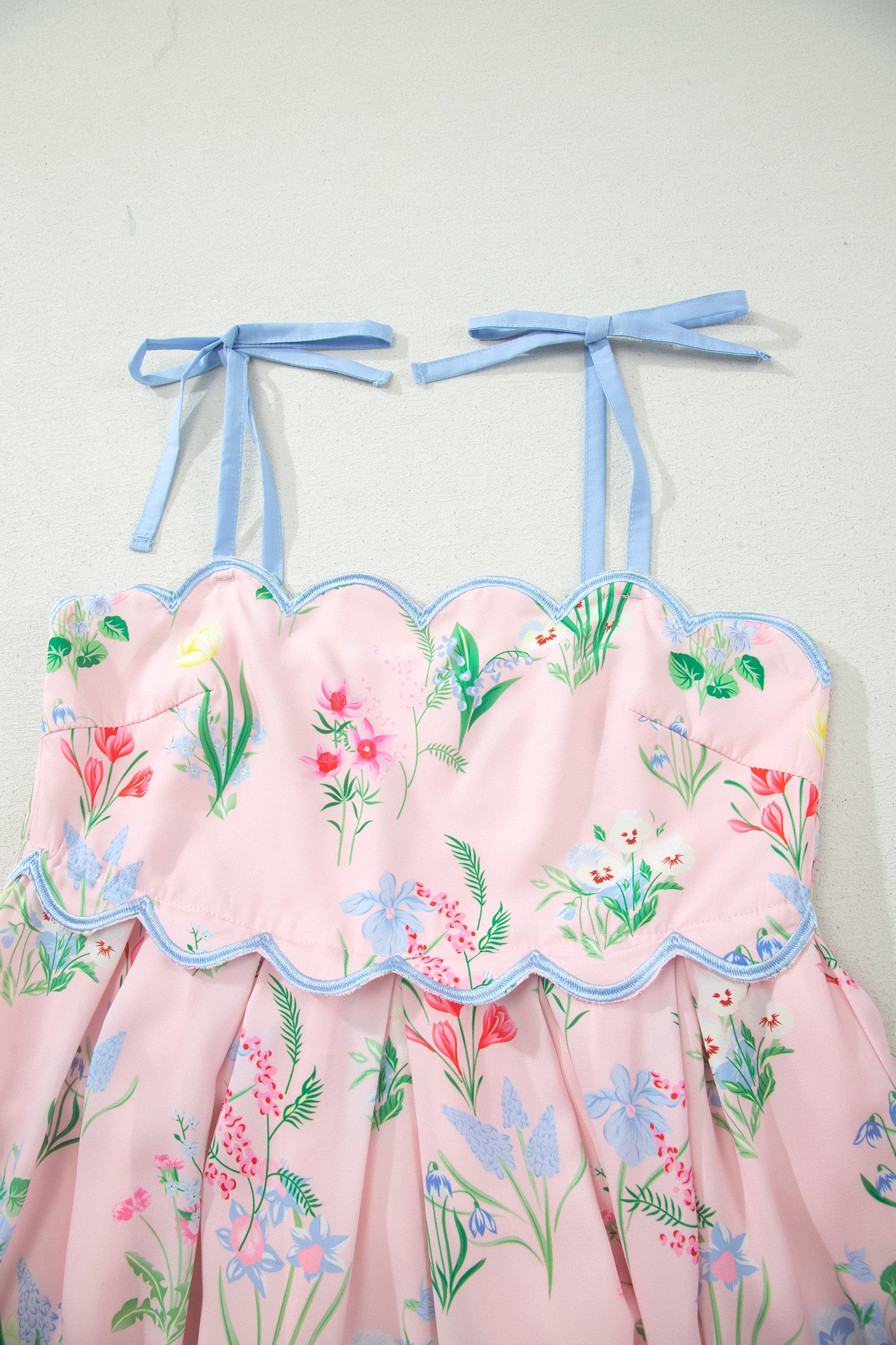 Beige Floral Print Contrast Trim Self-tie Straps High Waist Midi Dress-TOPS / DRESSES-[Adult]-[Female]-2022 Online Blue Zone Planet