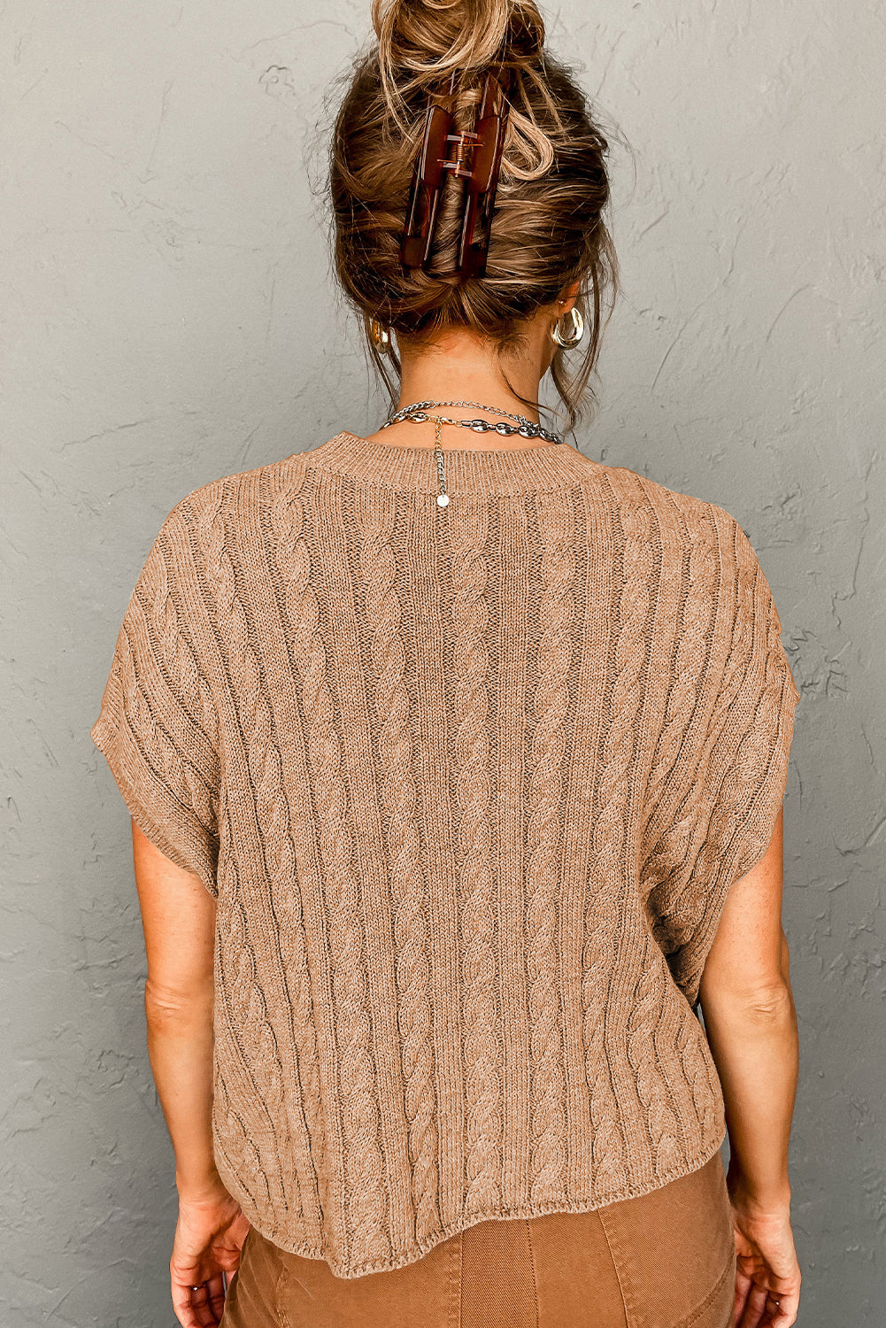 Gray Crew Neck Cable Knit Short Sleeve Sweater-TOPS / DRESSES-[Adult]-[Female]-2022 Online Blue Zone Planet