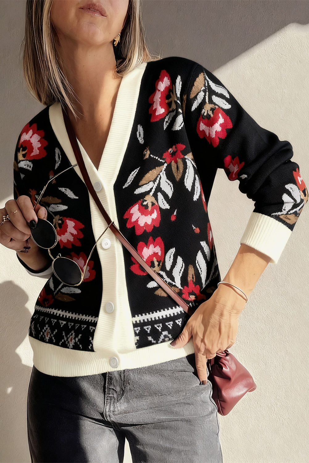 Beige Floral Print Buttoned Front V Neck Knit Cardigan-Sweaters & Cardigans/Cardigans-[Adult]-[Female]-Black-S-2022 Online Blue Zone Planet