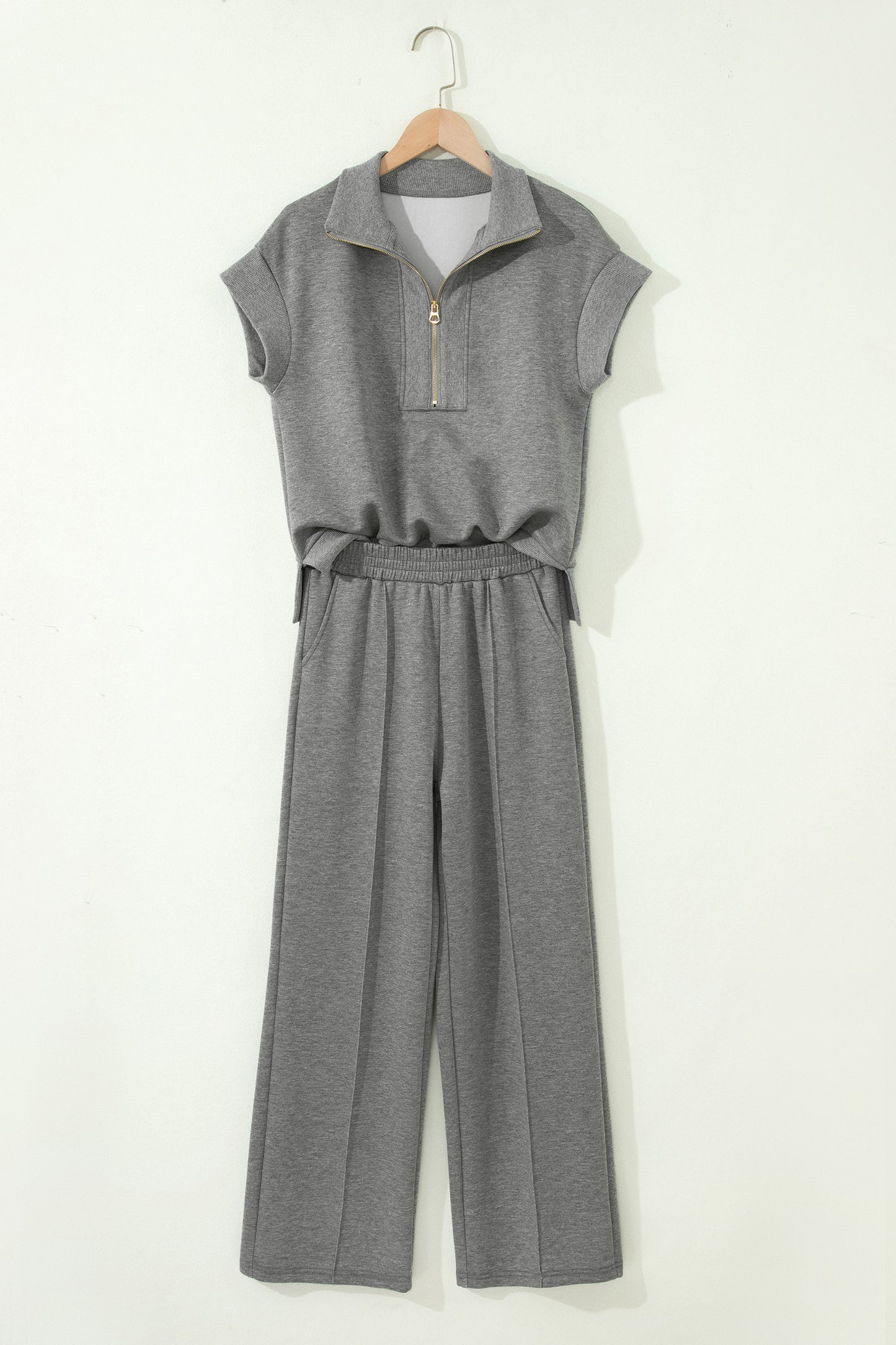 Gray Half Zip Polo Tee Casual Pant Set-Two Piece Sets/Pant Sets-[Adult]-[Female]-2022 Online Blue Zone Planet