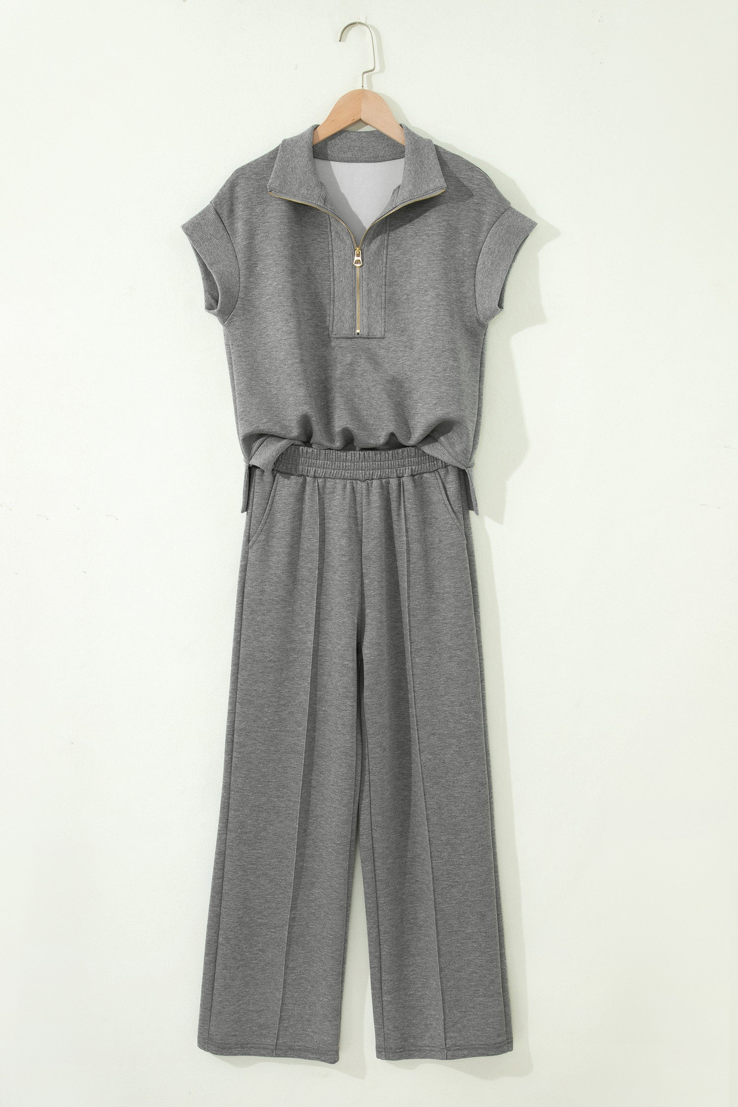 Gray Half Zip Polo Tee Casual Pant Set-Two Piece Sets/Pant Sets-[Adult]-[Female]-2022 Online Blue Zone Planet