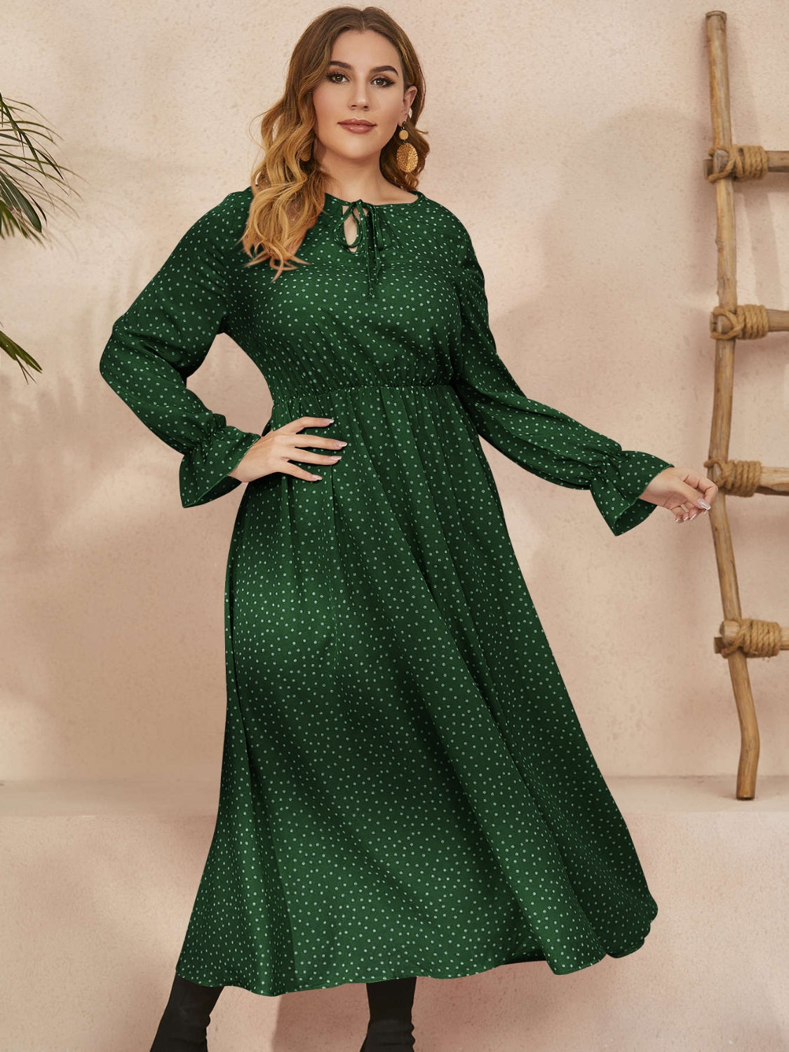 Plus Size Ruffled Polka Dot Long Sleeve Midi Dress-TOPS / DRESSES-[Adult]-[Female]-2022 Online Blue Zone Planet