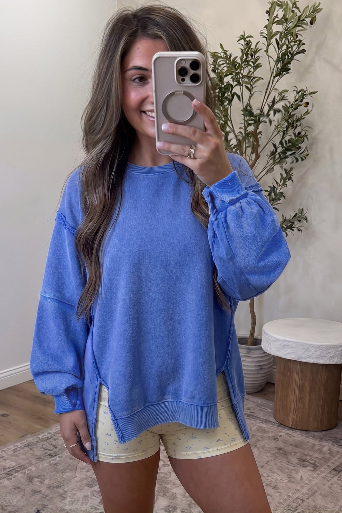 Sky Blue Mineral Wash Split Hem Loose Tunic Sweatshirt-Tops/Sweatshirts & Hoodies-[Adult]-[Female]-2022 Online Blue Zone Planet