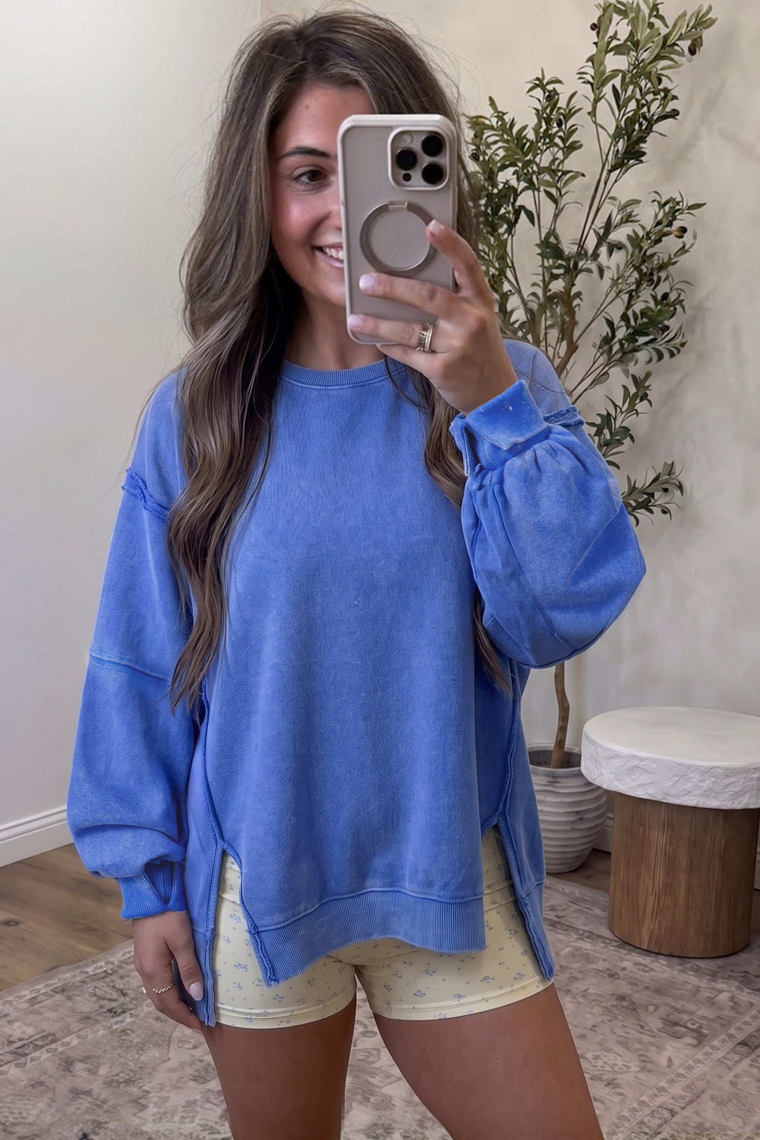 Sky Blue Mineral Wash Split Hem Loose Tunic Sweatshirt-Tops/Sweatshirts & Hoodies-[Adult]-[Female]-2022 Online Blue Zone Planet
