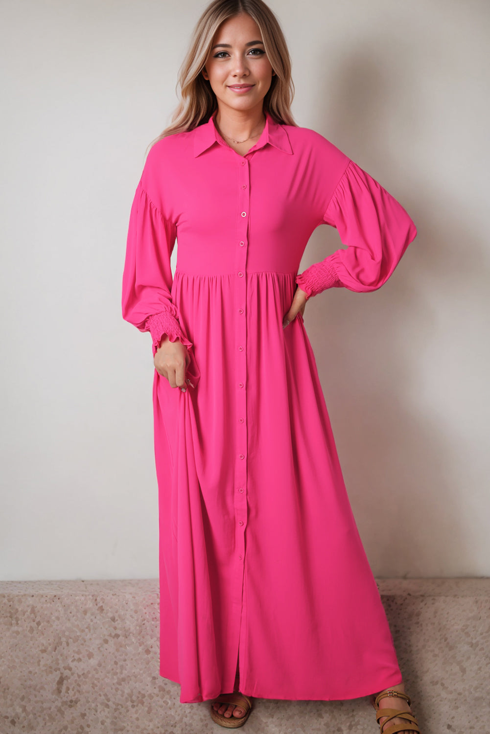 Blue Zone Planet | Rose Bubble Sleeve Shirt Maxi Dress-TOPS / DRESSES-[Adult]-[Female]-2022 Online Blue Zone Planet