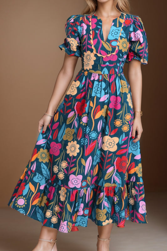 Blue Zone Planet |  Printed Notched Puff Sleeve Midi Dress BLUE ZONE PLANET