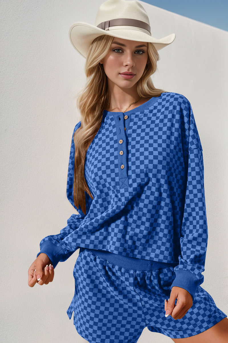 Blue Zone Planet | Double Take Checkered Half Button Top and Shorts Set-TOPS / DRESSES-[Adult]-[Female]-Blue-S-2022 Online Blue Zone Planet