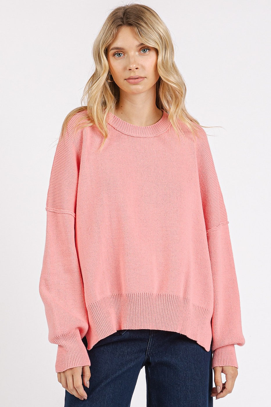 Mittoshop Side Slit Round Neck Drop Shoulder Sweater-TOPS / DRESSES-[Adult]-[Female]-Pink-S-2022 Online Blue Zone Planet