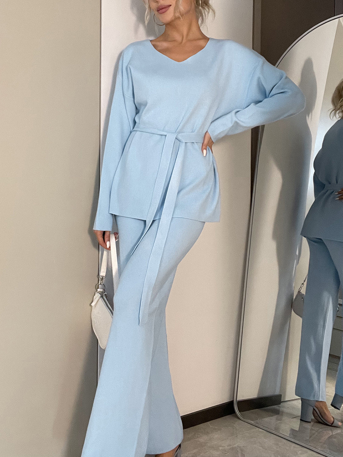 V-Neck Long Sleeve Top and Drawstring Pants Sweater Set-TOPS / DRESSES-[Adult]-[Female]-2022 Online Blue Zone Planet