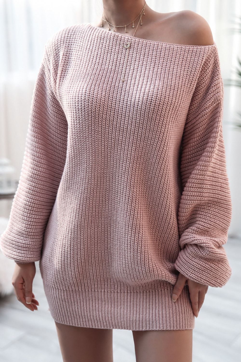 Boat Neck Long Sleeve Mini Sweater Dress-TOPS / DRESSES-[Adult]-[Female]-Blush Pink-S-2022 Online Blue Zone Planet