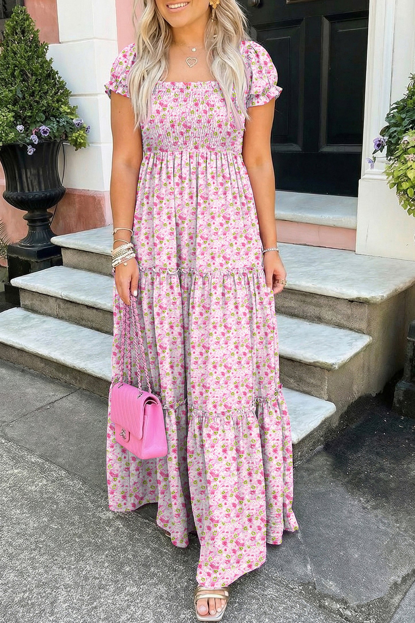 Green Floral Short Bubble Sleeve Shirred High Waist Maxi Dress-TOPS / DRESSES-[Adult]-[Female]-Pink-S-2022 Online Blue Zone Planet