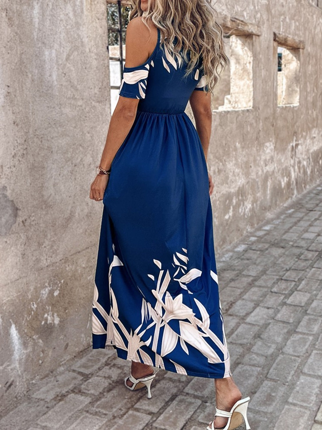 Blue Zone Planet | Printed Cold Shoulder Short Sleeve Maxi Dress-TOPS / DRESSES-[Adult]-[Female]-2022 Online Blue Zone Planet