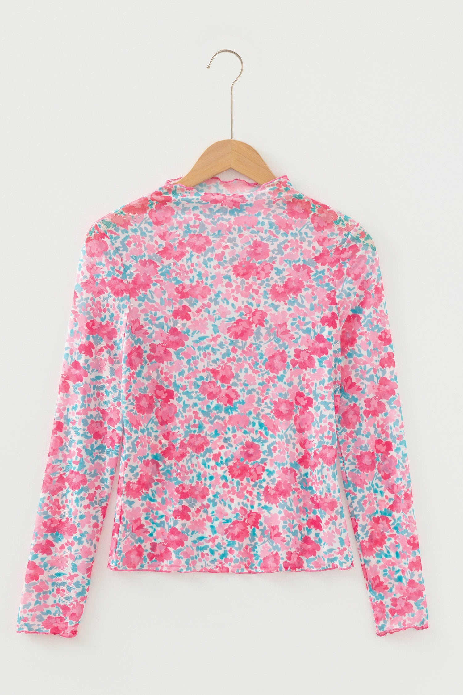 Pink Slim Fit Floral Mesh Long Sleeve Mock Neck Top-Tops/Long Sleeve Tops-[Adult]-[Female]-2022 Online Blue Zone Planet