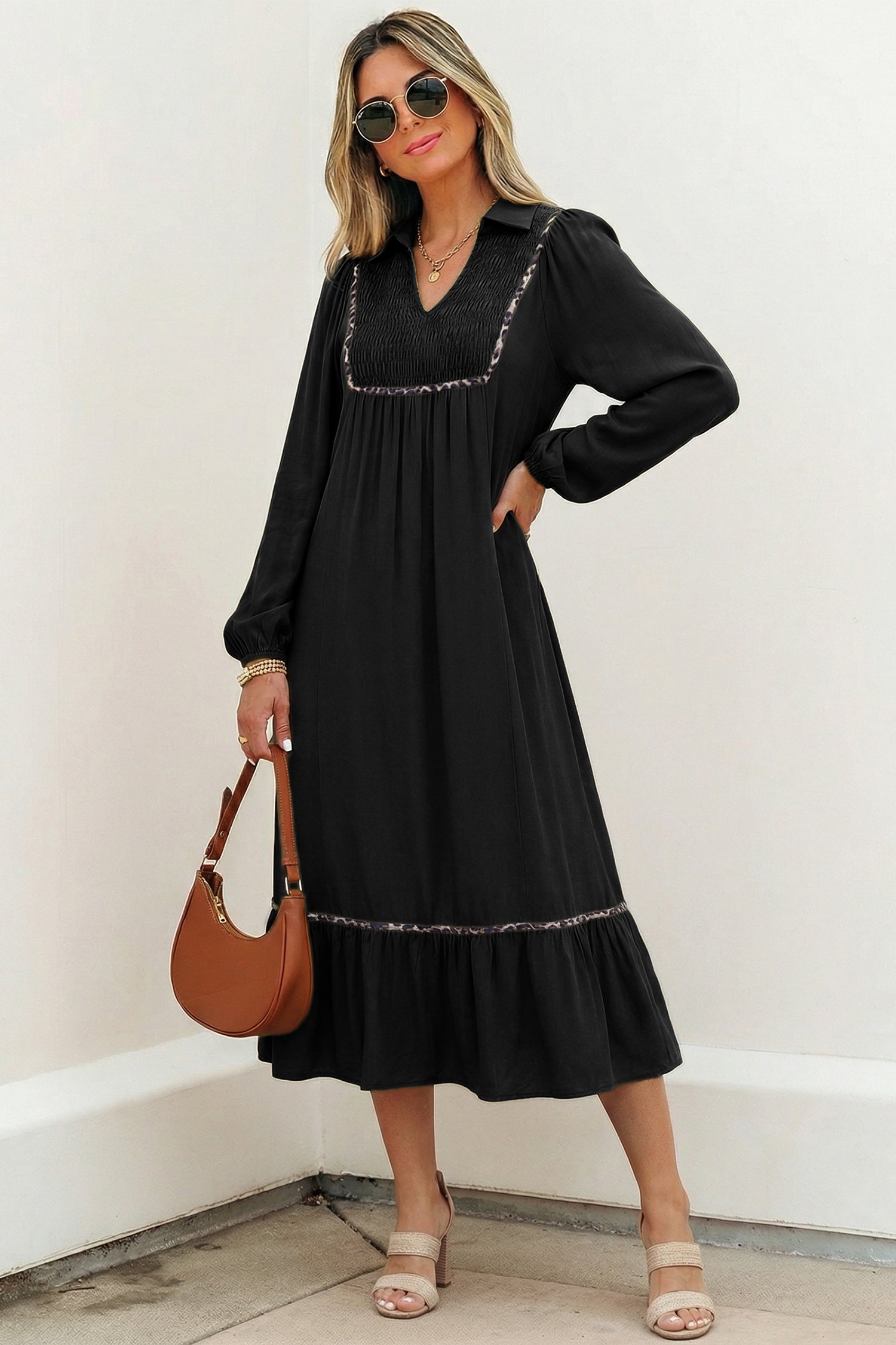 Black Collared V Neck Smocked Detail Contrast Leopard Trim Bracelet Sleeve Long Dress-TOPS / DRESSES-[Adult]-[Female]-2022 Online Blue Zone Planet