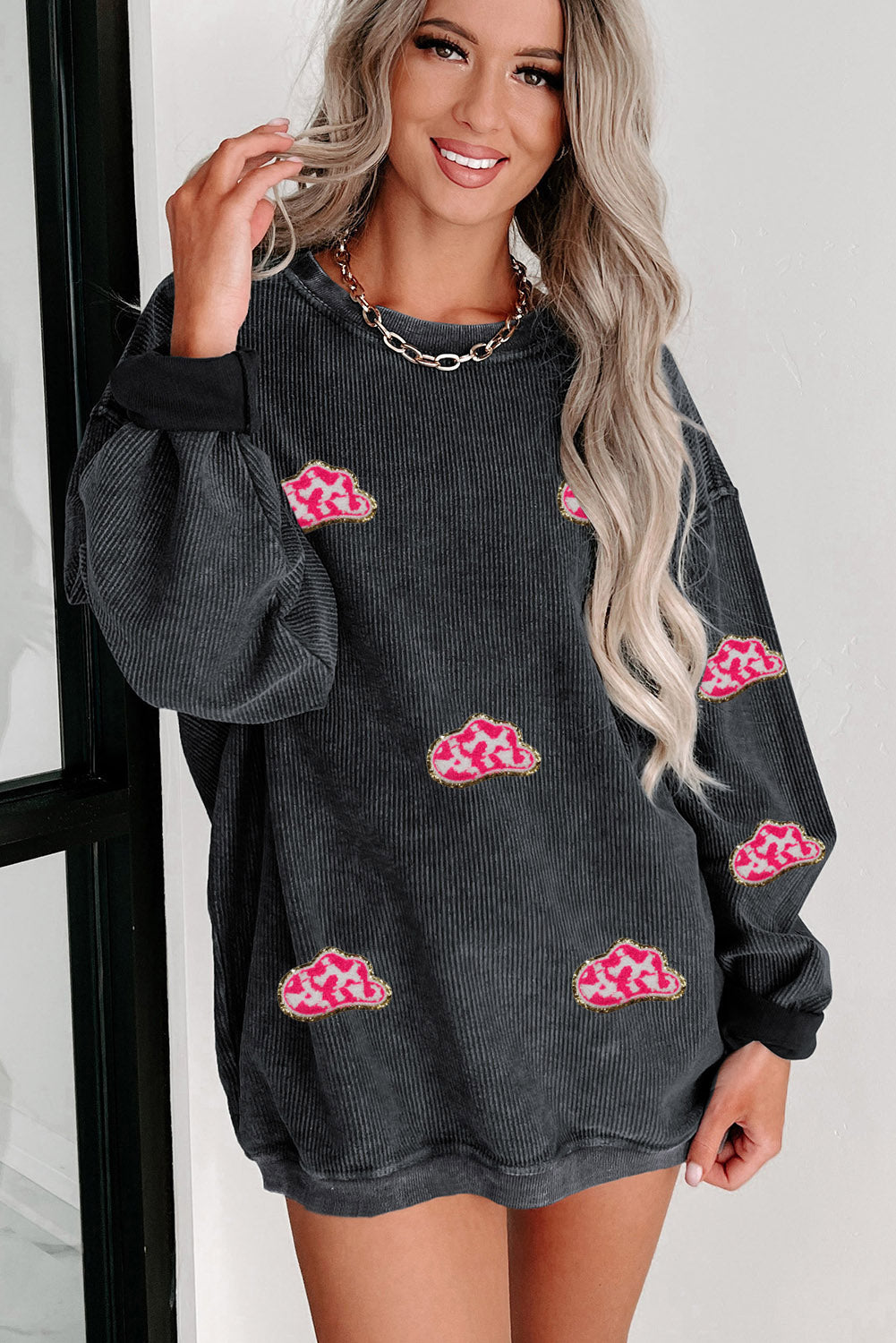 Black Glittering Cowboy Hat Patched Corded Pullover Sweatshirt-Graphic/Graphic Sweatshirts-[Adult]-[Female]-2022 Online Blue Zone Planet