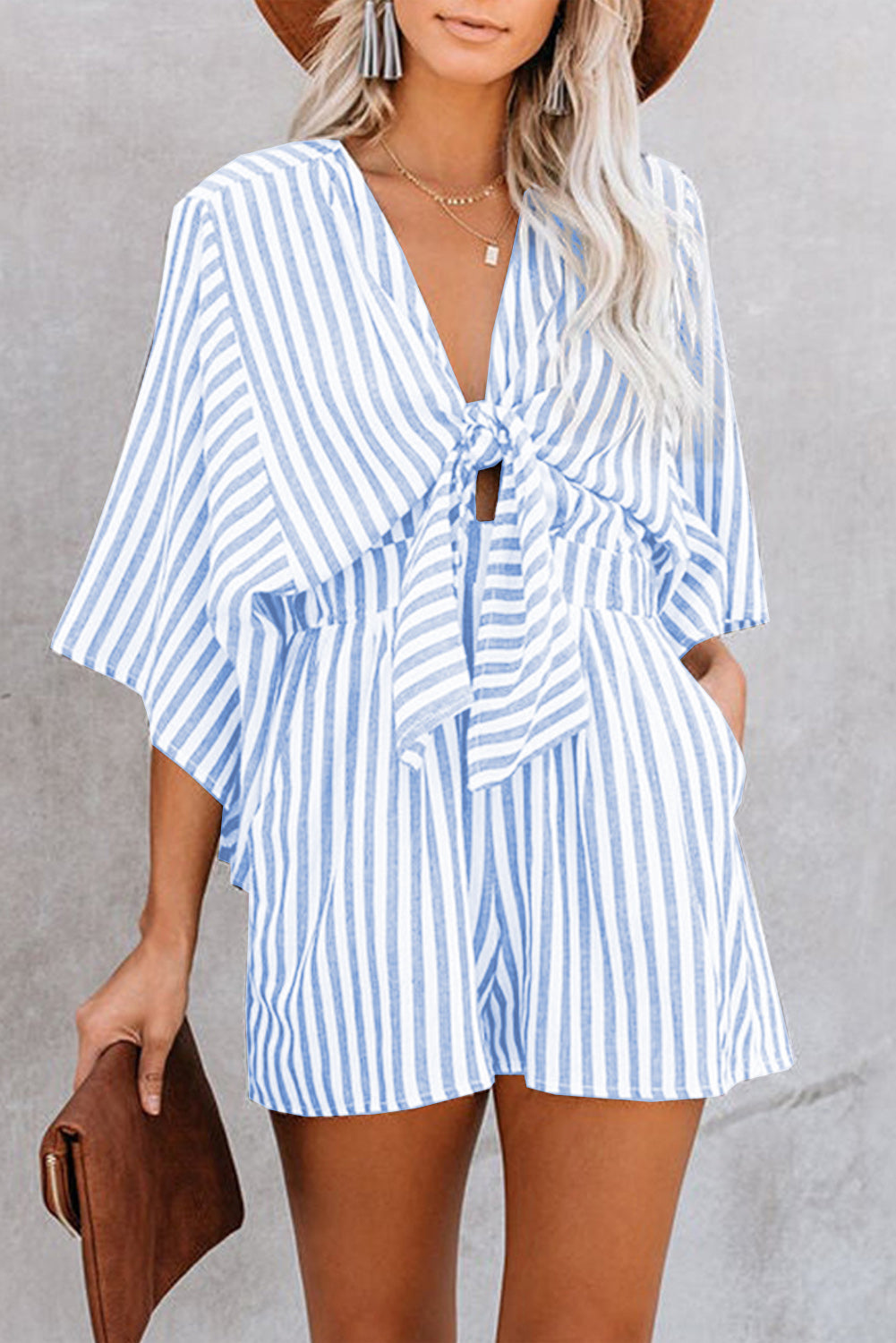 Blue Zone Planet | Bow Striped Kimono Sleeve Romper-TOPS / DRESSES-[Adult]-[Female]-2022 Online Blue Zone Planet