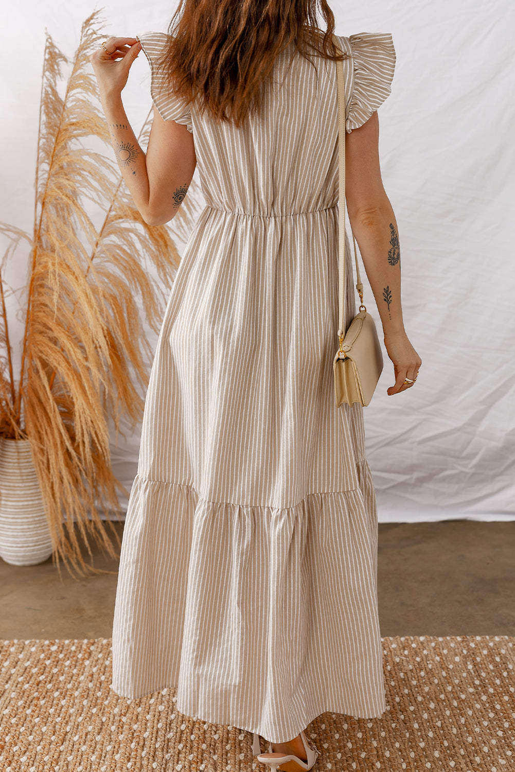 Khaki Stripe Flutter Sleeve Buttoned Front Slit Maxi Dress-TOPS / DRESSES-[Adult]-[Female]-2022 Online Blue Zone Planet