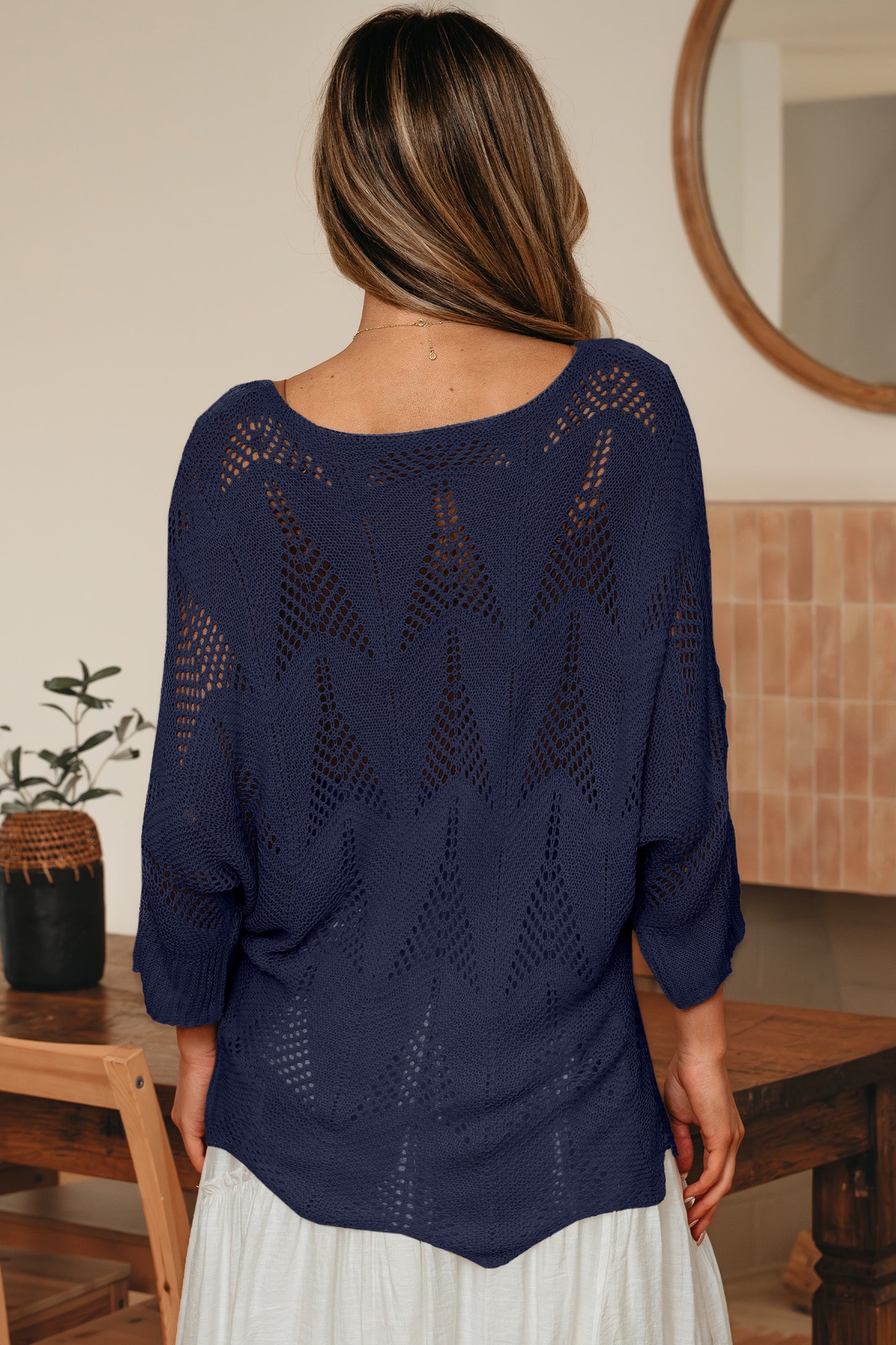 Navy Blue Hollow Out Knit 7/8 Sleeve Casual Sweater-Sweaters & Cardigans/Sweaters-[Adult]-[Female]-2022 Online Blue Zone Planet