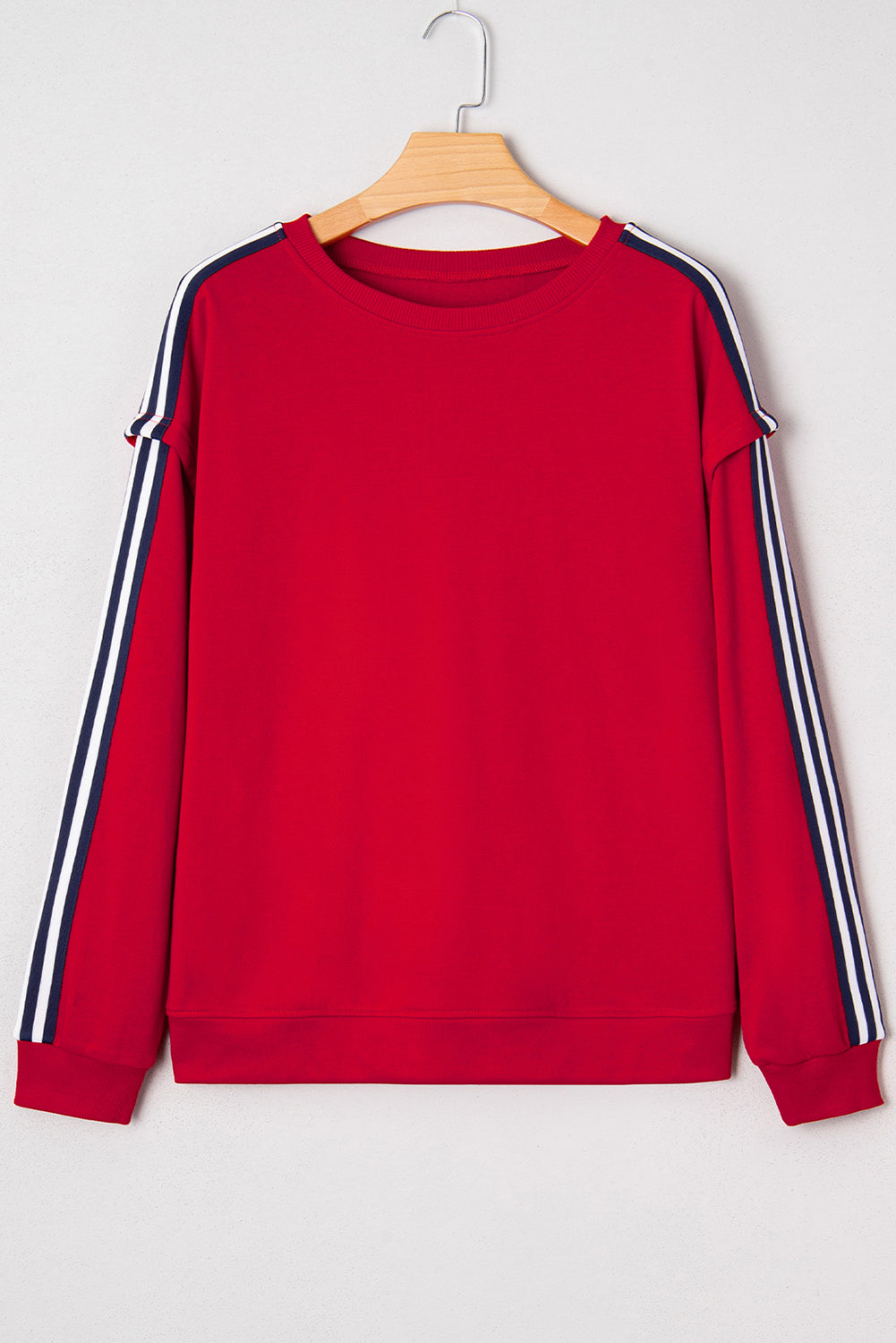 Fiery Red Contrast Striped Detail Varsity Sweatshirt-Tops/Sweatshirts & Hoodies-[Adult]-[Female]-2022 Online Blue Zone Planet