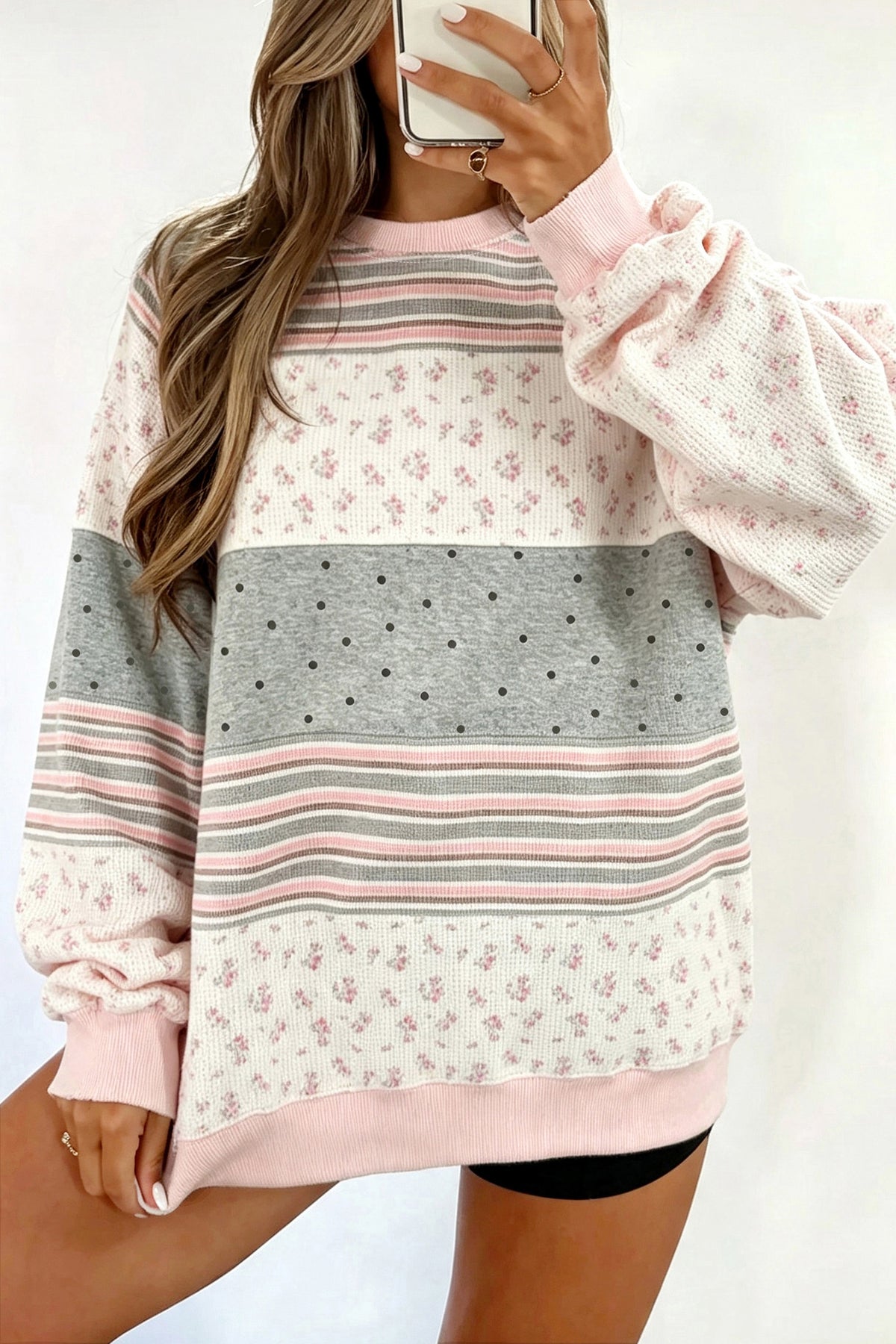 Pink Floral Mix Patchwork Tunic Pullover Sweatshirt-Tops/Sweatshirts & Hoodies-[Adult]-[Female]-Pink-S-2022 Online Blue Zone Planet