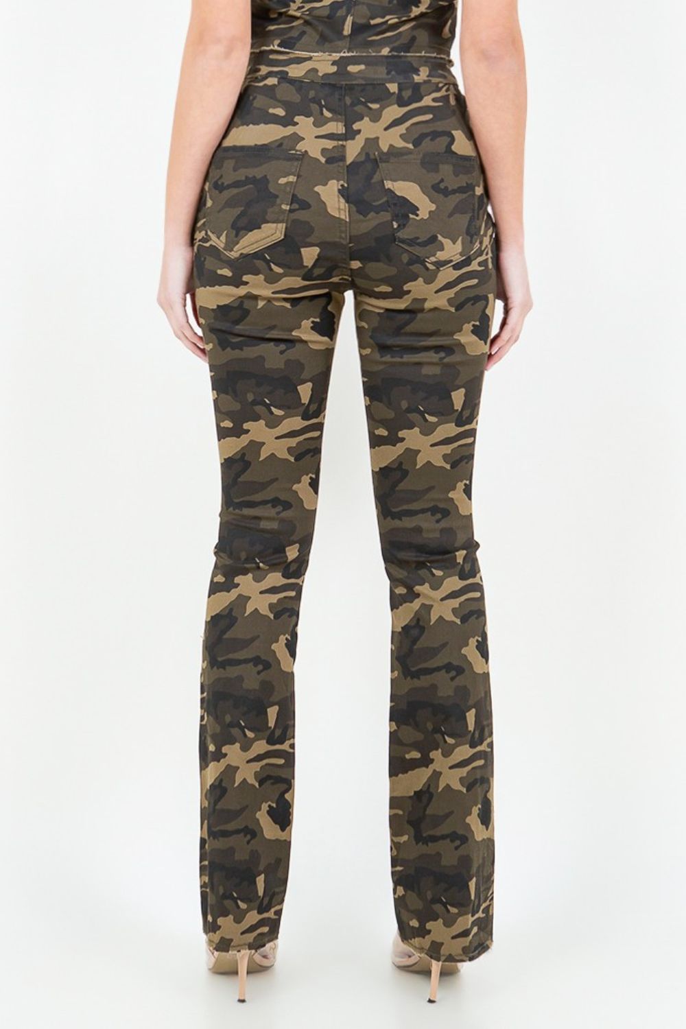 American Bazi V-Cut Ruched Camo Flare Pants-BOTTOMS SIZES SMALL MEDIUM LARGE-[Adult]-[Female]-2022 Online Blue Zone Planet