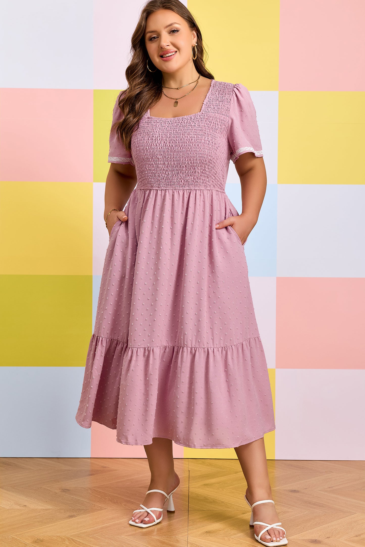 Pink Plus Size Swiss Dot Short Sleeve Smocked High Waist Flowy Midi Dress-TOPS / DRESSES-[Adult]-[Female]-2022 Online Blue Zone Planet