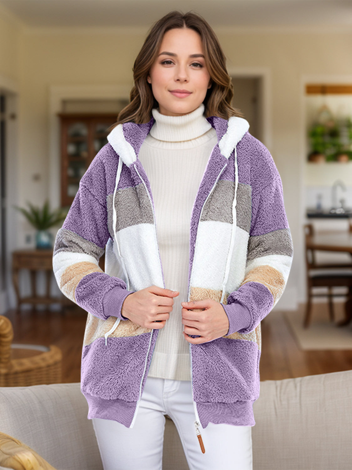 Blue Zone Planet | Full Size Drawstring Color Block Zip Up Hooded Outerwear-TOPS / DRESSES-[Adult]-[Female]-Lavender-S-2022 Online Blue Zone Planet