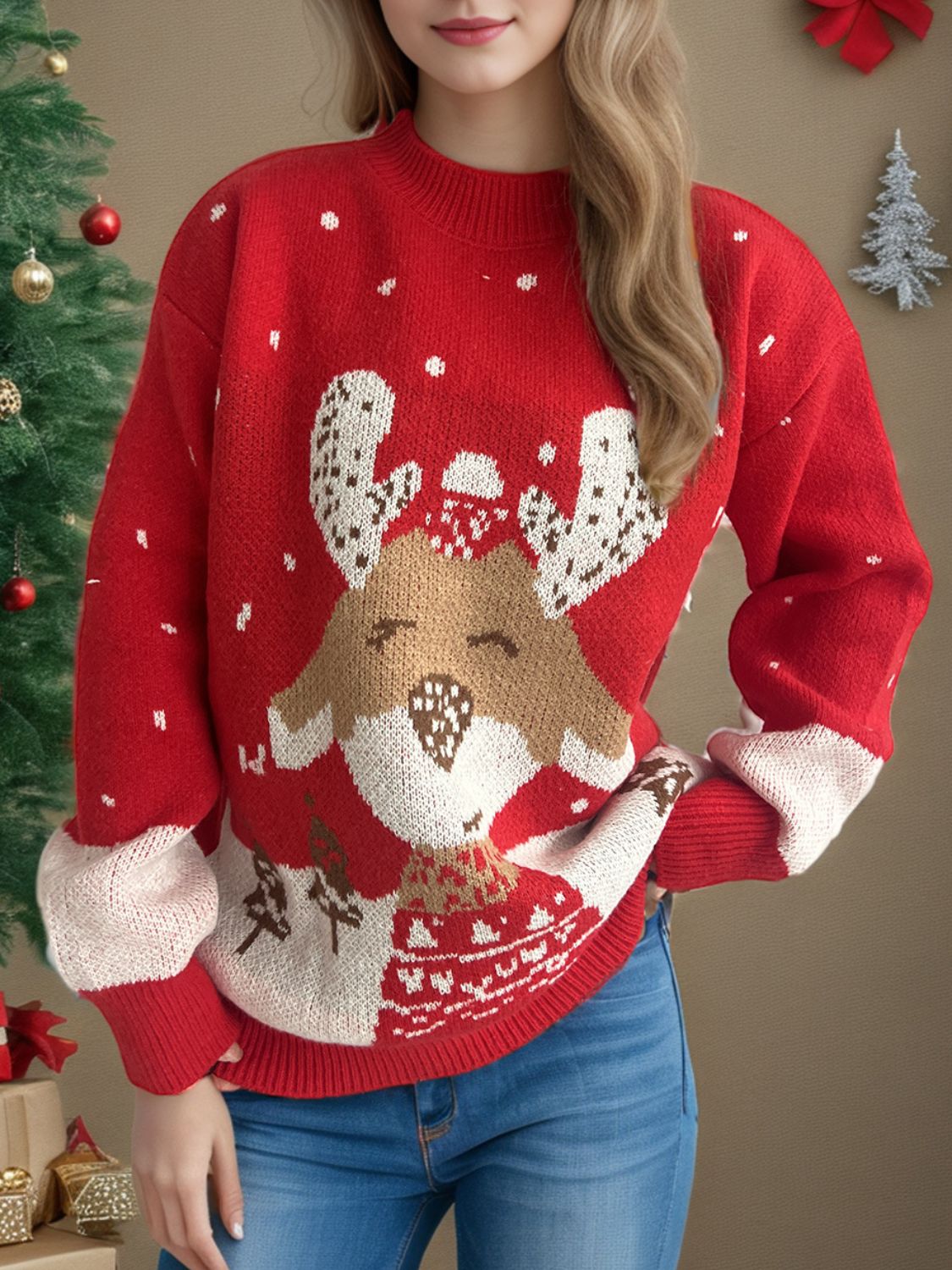 Blue Zone Planet | Reindeer Mock Neck Long Sleeve Sweater-TOPS / DRESSES-[Adult]-[Female]-Deep Red-One Size-2022 Online Blue Zone Planet