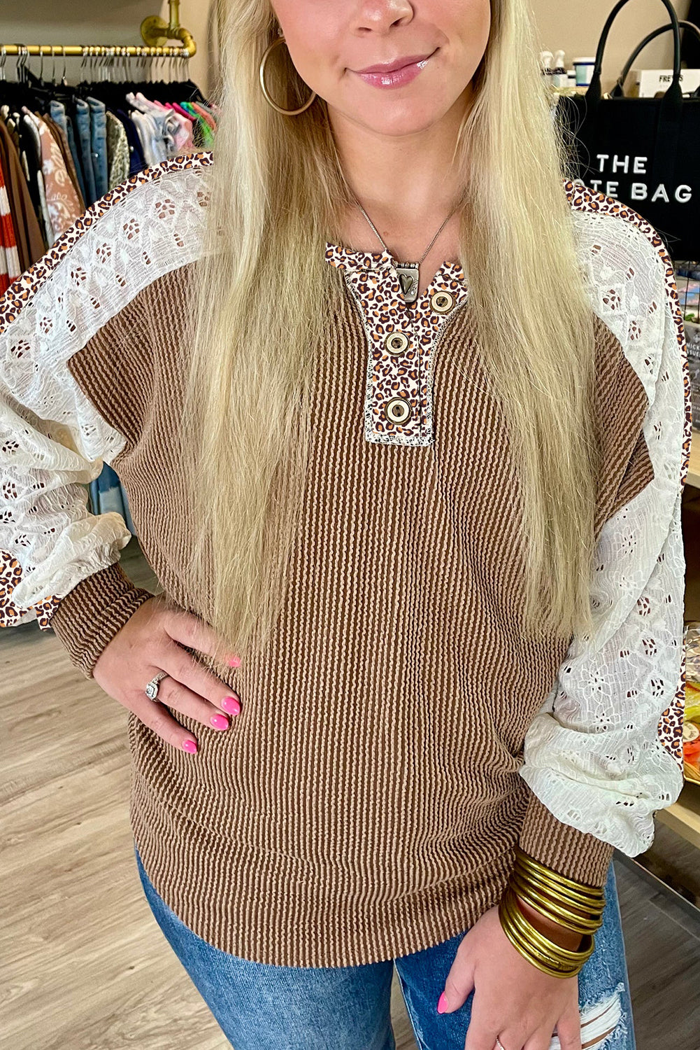Dark Khaki Twisted Ribbed Leopard Lace Contrast Patchwork Long Sleeve Top-Tops/Long Sleeve Tops-[Adult]-[Female]-2022 Online Blue Zone Planet