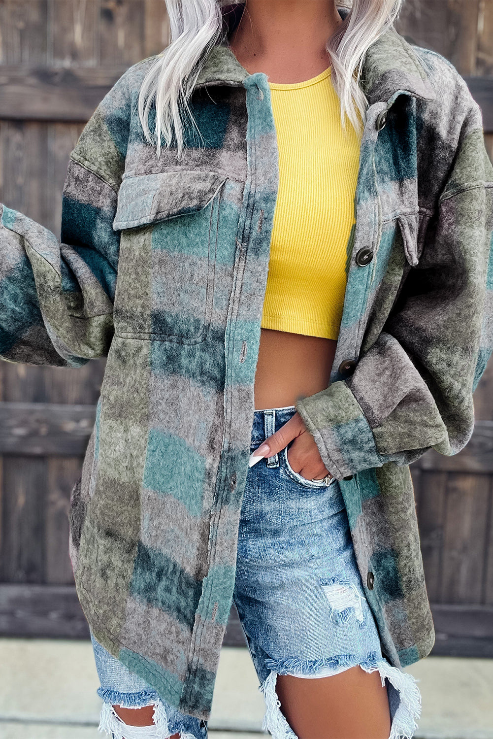 Multicolor Brushed Plaid Pocketed Oversize Shacket-Outerwear/Plaid Shackets-[Adult]-[Female]-Multicolor1-S-2022 Online Blue Zone Planet