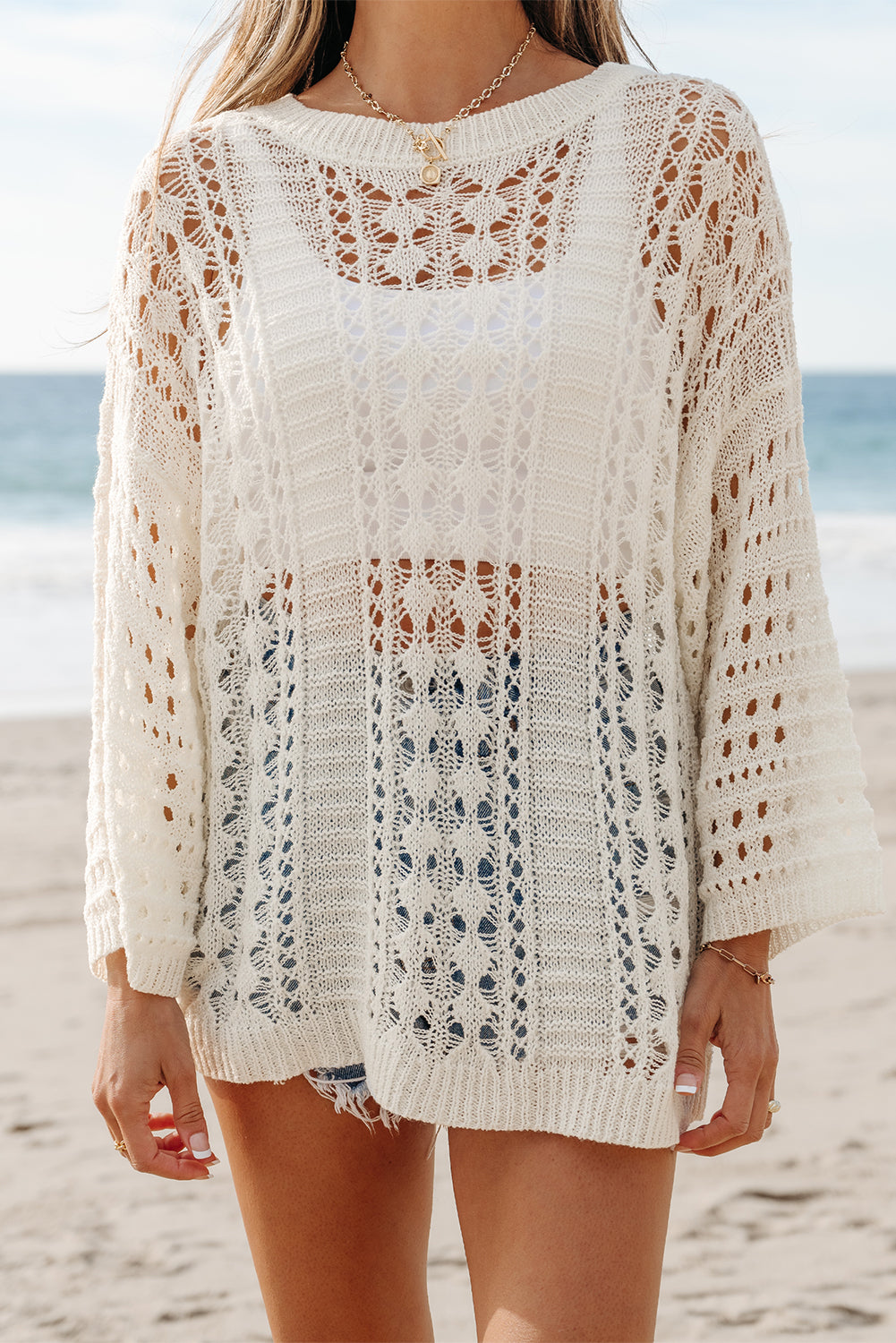 Blue Zone Planet | White Hollow Out Knit Bracelet Sleeve Drop Shoulder Sweater-Sweaters & Cardigans/Sweaters-[Adult]-[Female]-2022 Online Blue Zone Planet