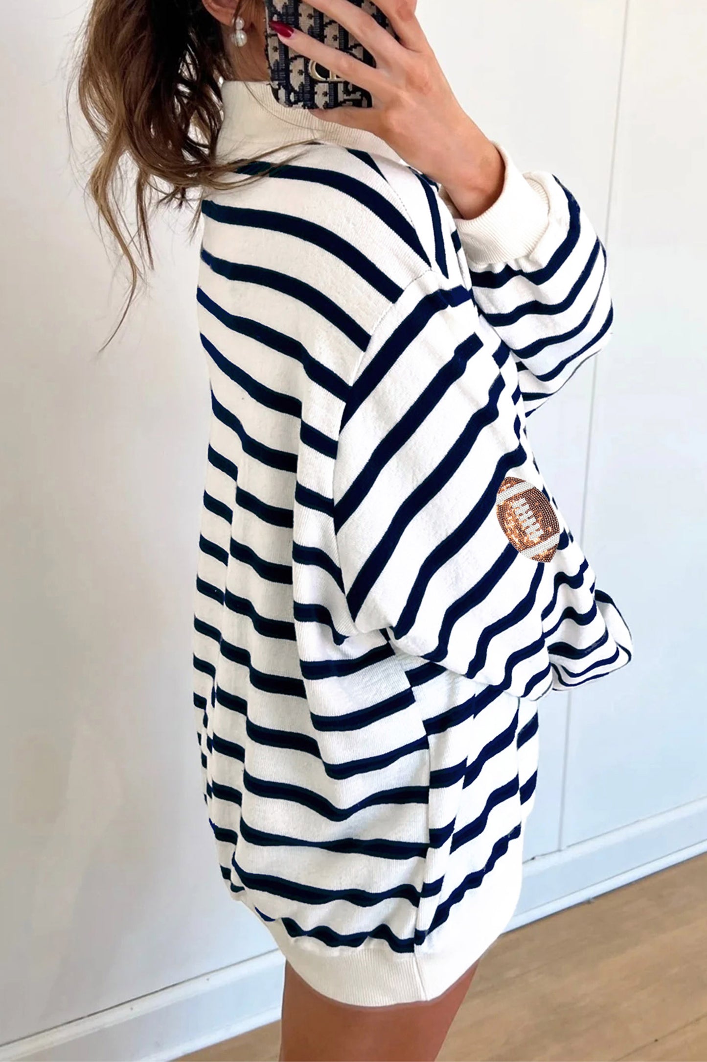 Blue Stripe Sequin Rugby Print Mock Neck Casual Sweatshirt-Graphic/Graphic Sweatshirts-[Adult]-[Female]-2022 Online Blue Zone Planet