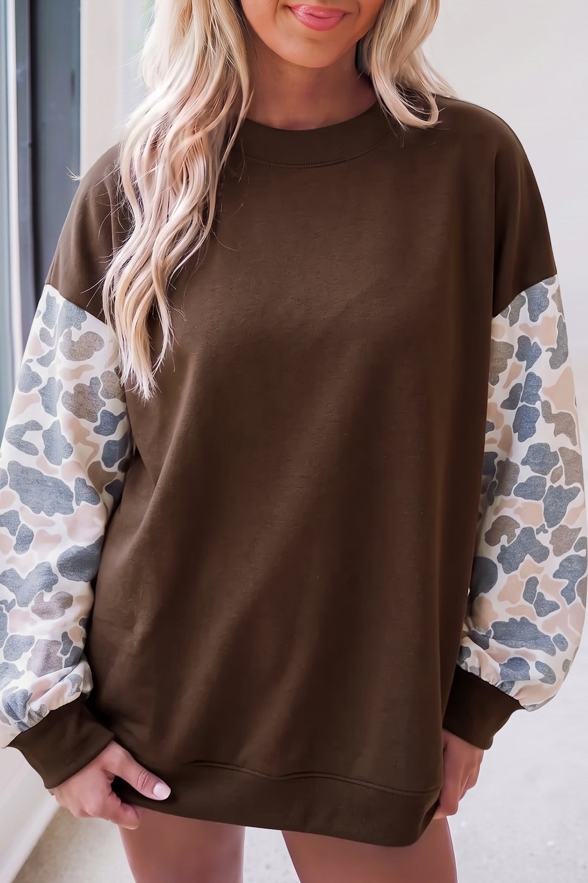Coffee Camouflage Sleeve Crewneck Baggy Pullover Sweatshirt-Tops/Sweatshirts & Hoodies-[Adult]-[Female]-2022 Online Blue Zone Planet