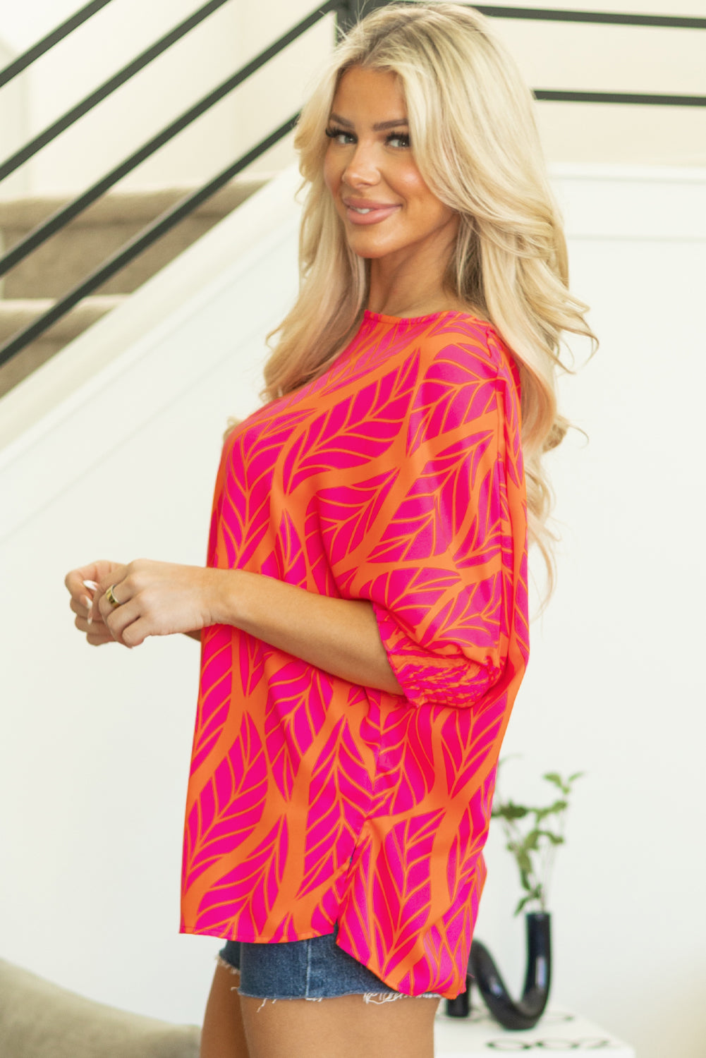 Blue Zone Planet | Rose Tropical Leaf Print Smocked Puff Sleeve Blouse-Tops/Blouses & Shirts-[Adult]-[Female]-2022 Online Blue Zone Planet